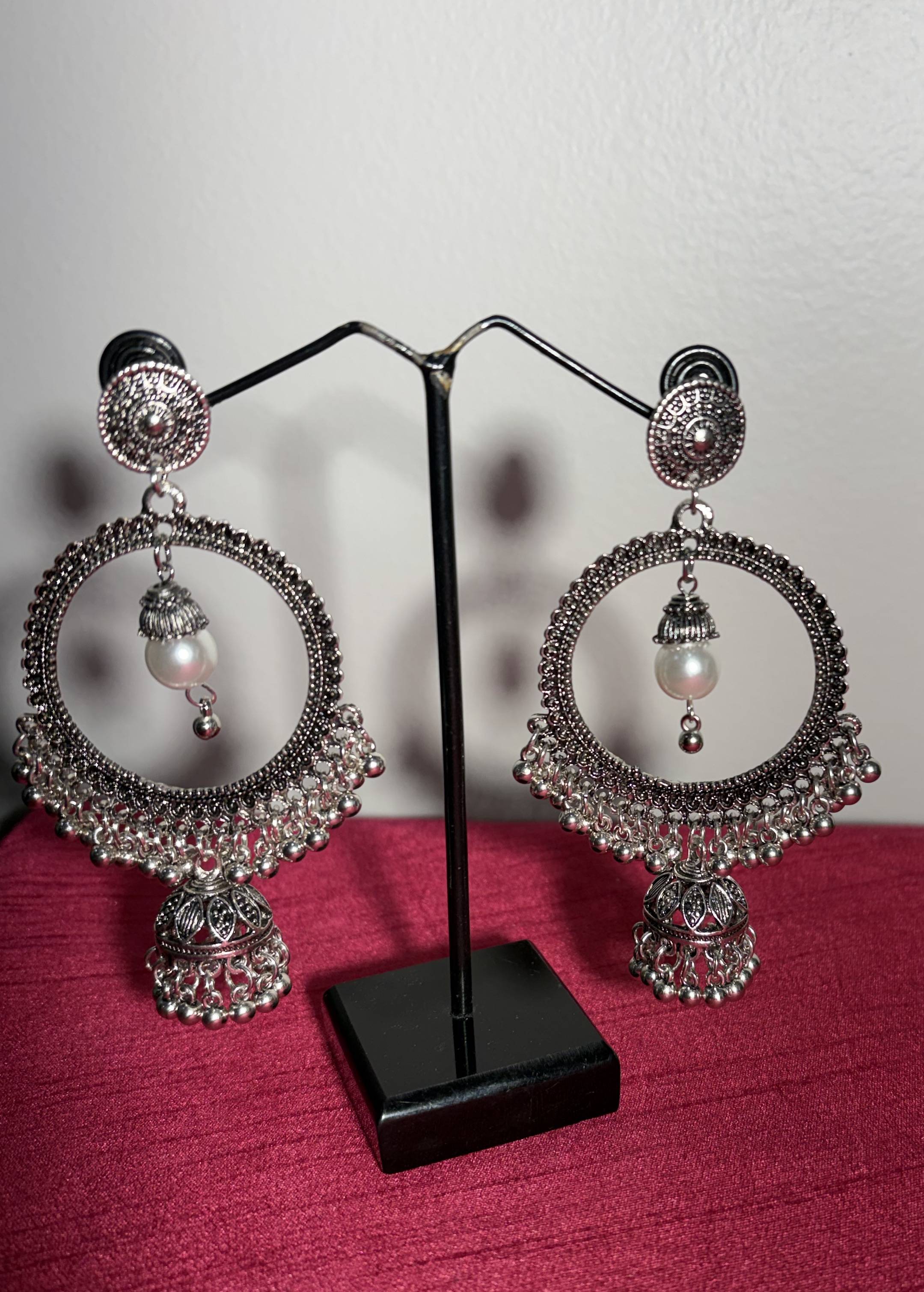 Oxidized Silver Pearl Drop Chandbali Earrings Image - 1