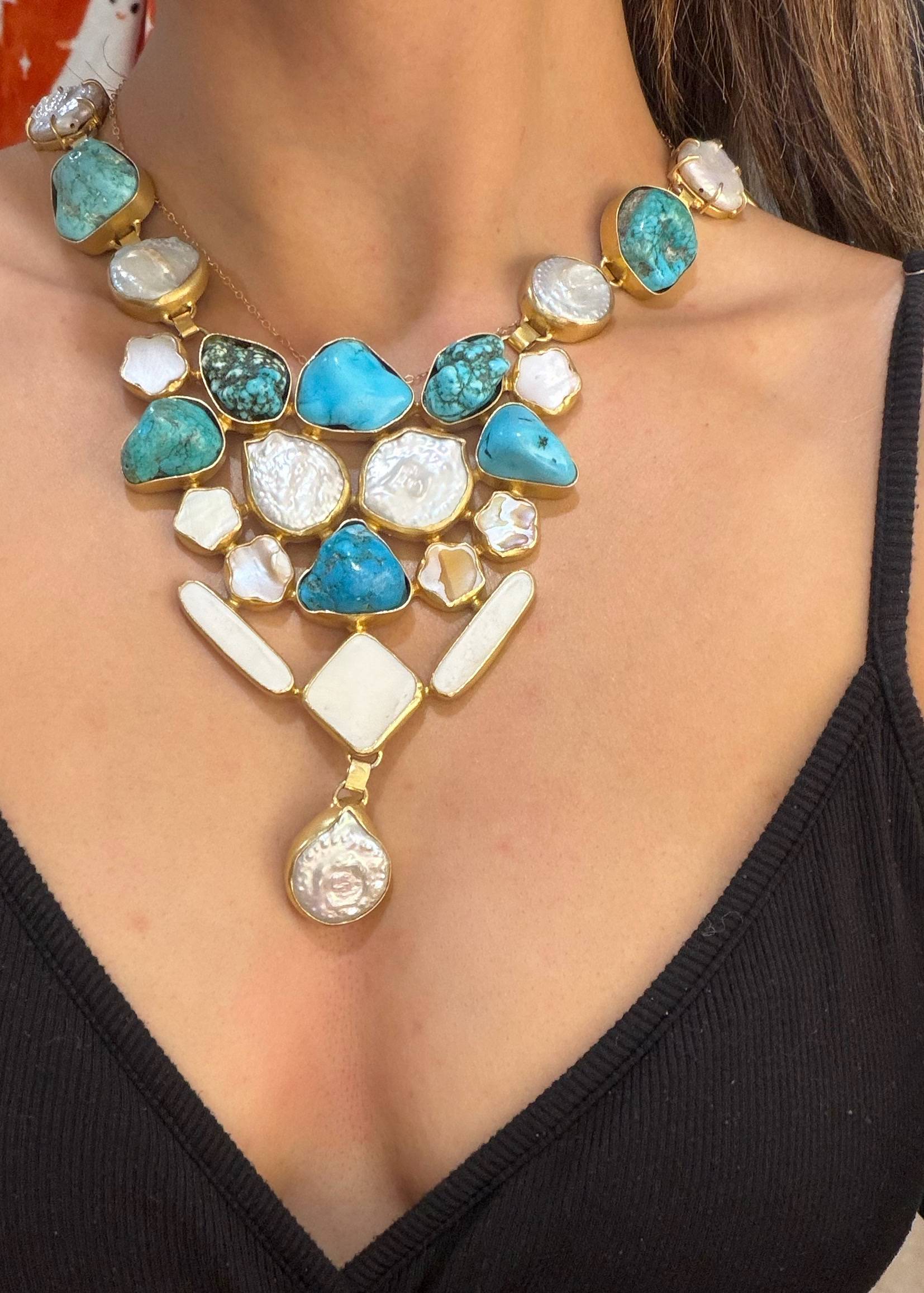 Turquoise and Pearl Gold Bib Necklace Image - 1