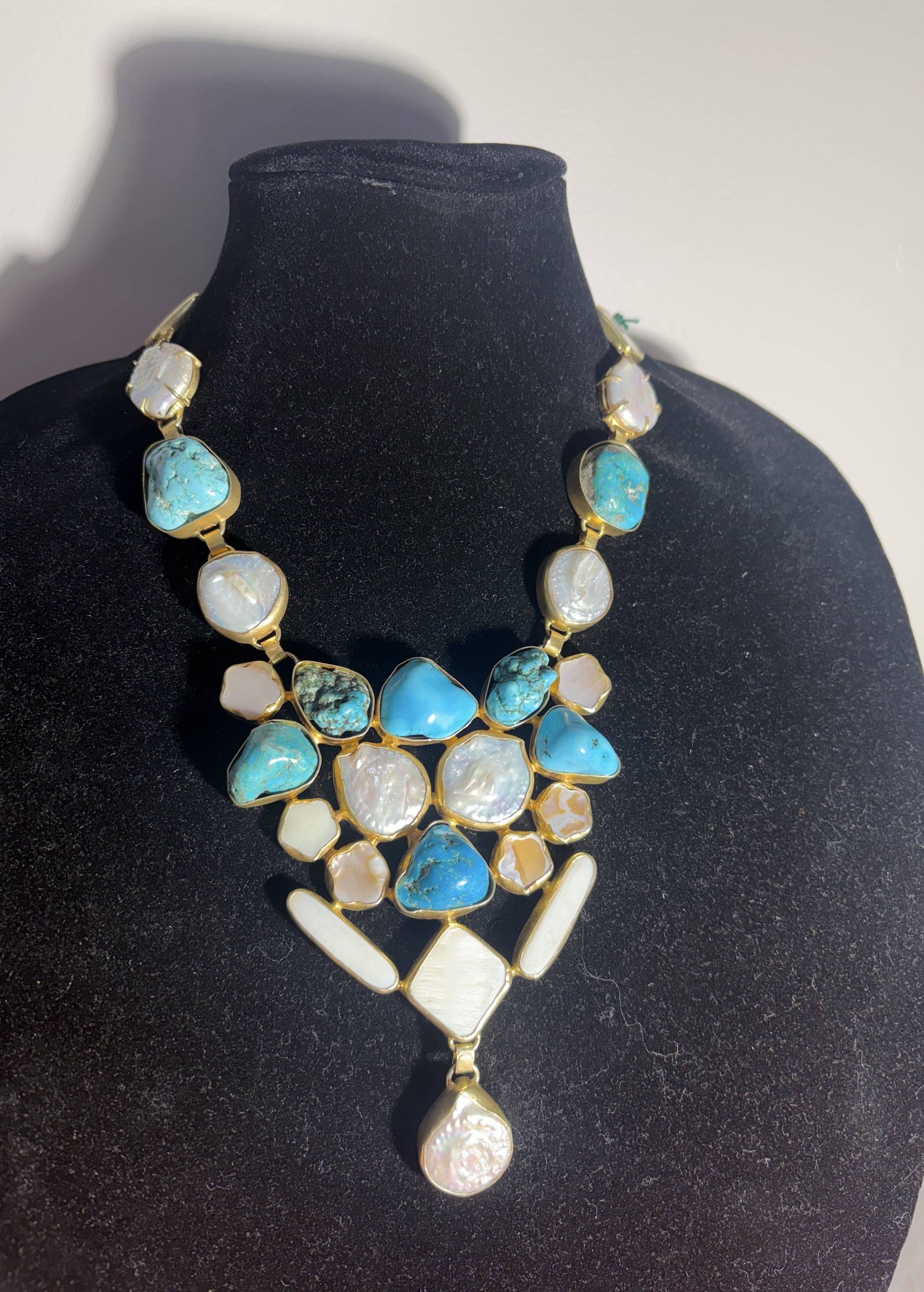 Turquoise and Pearl Gold Bib Necklace Image - 0