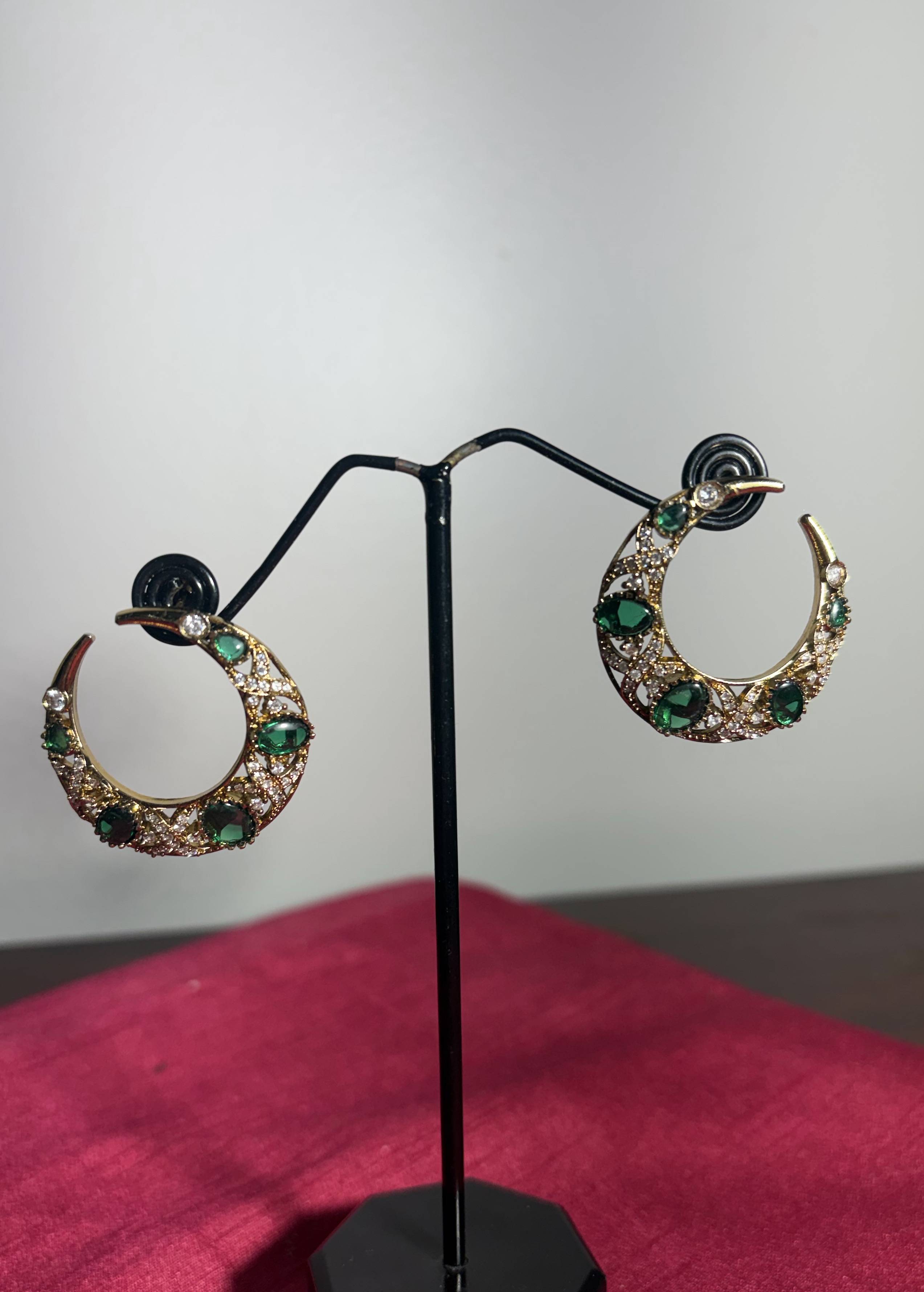 Green Stone Gold Crescent Hoop Earrings Image - 0