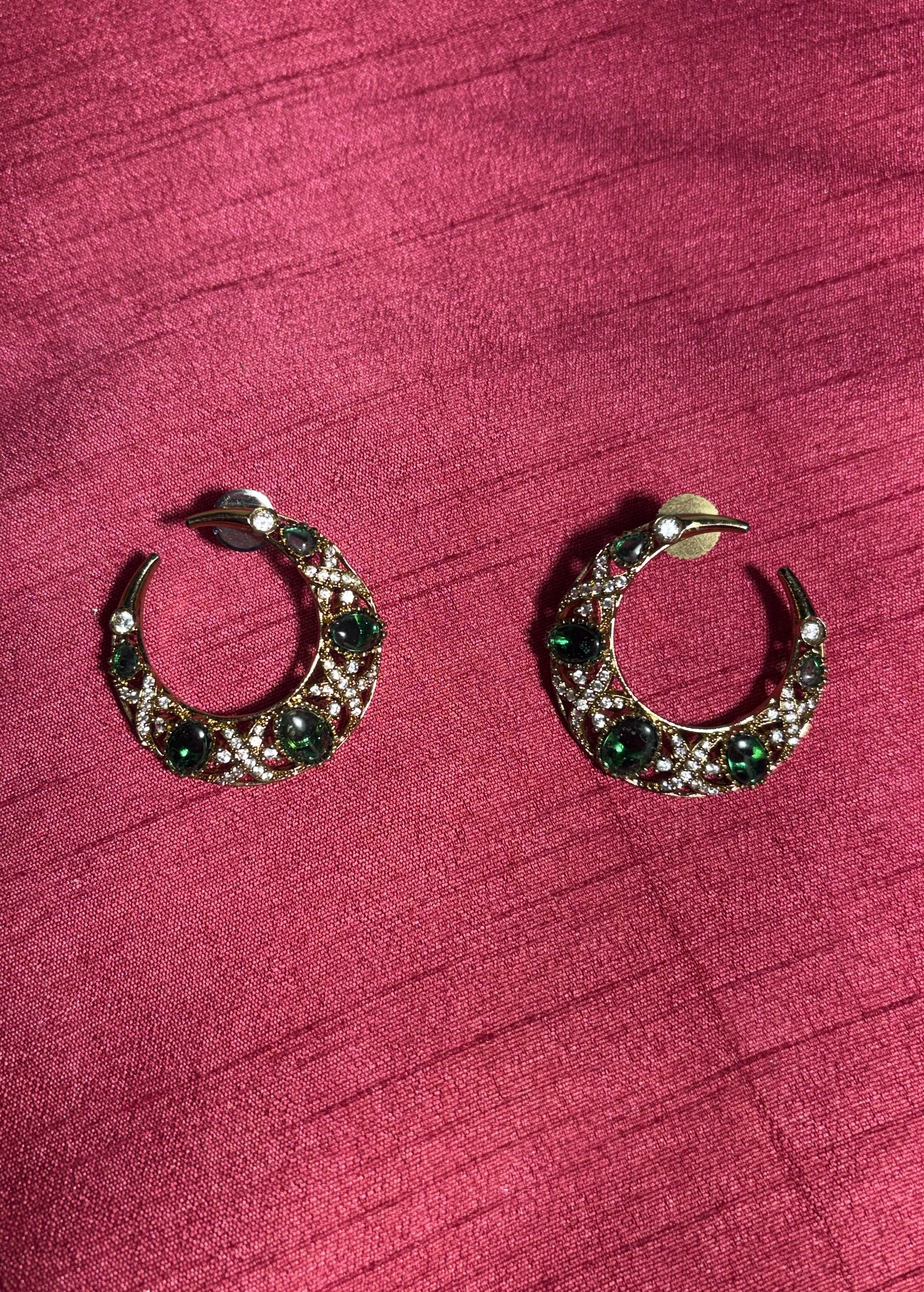 Green Stone Gold Crescent Hoop Earrings Image - 1