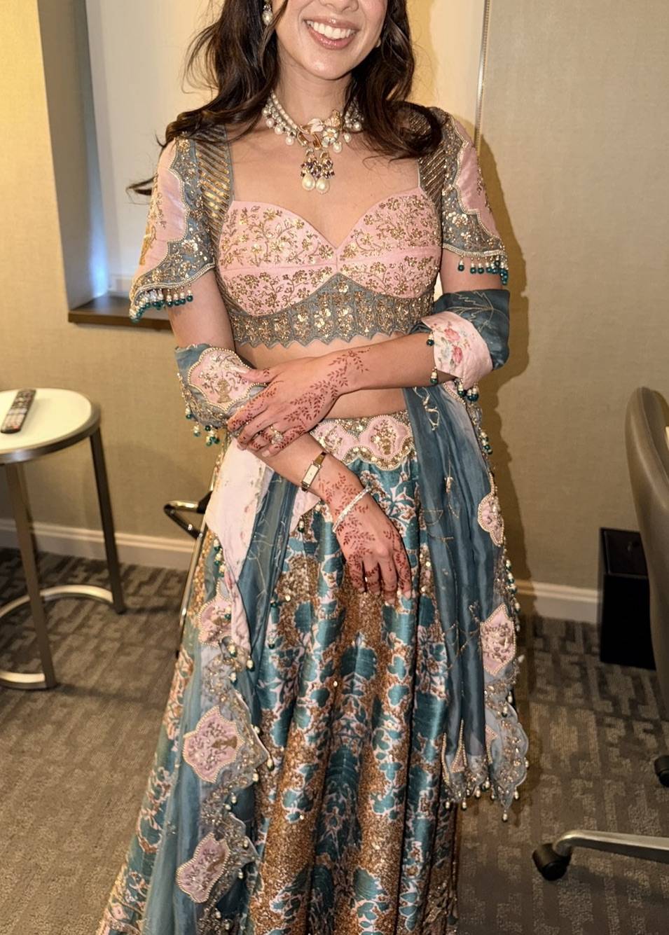 Teal and Blush Pink Velvet Lehenga Image - 1