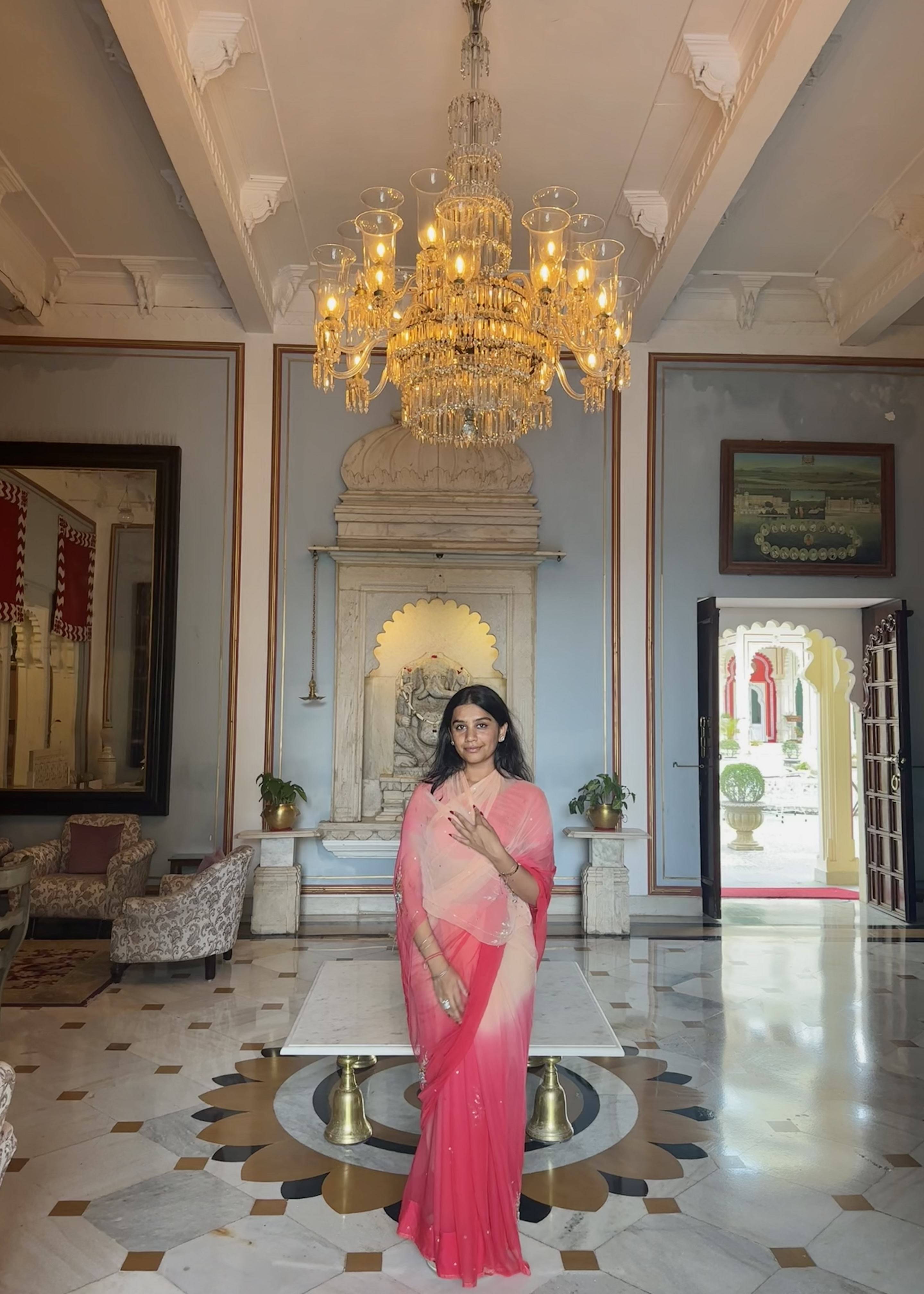 Coral Ombre Sequin Chiffon Sari Image - 1
