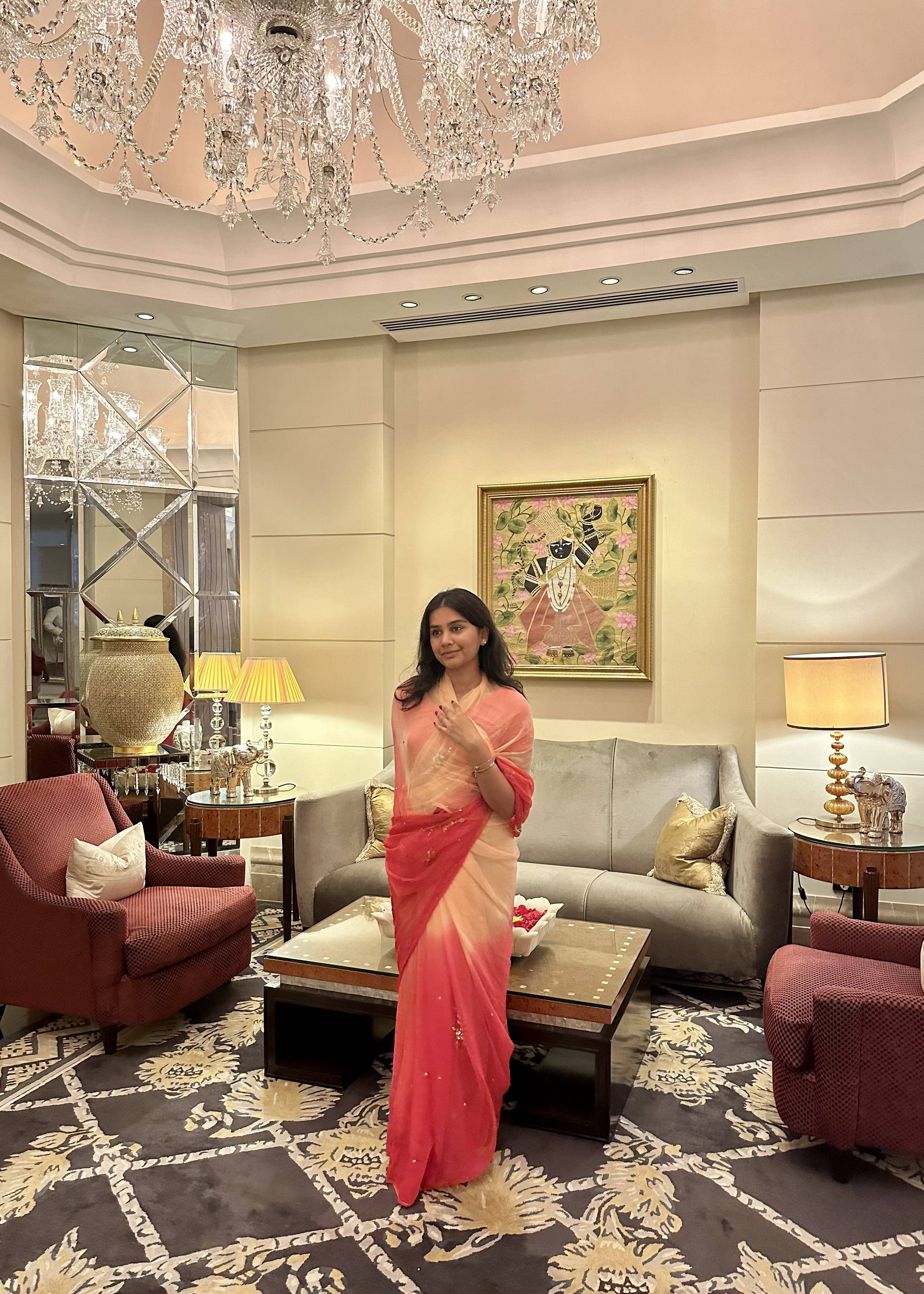 Coral Ombre Sequin Chiffon Sari Image - 2
