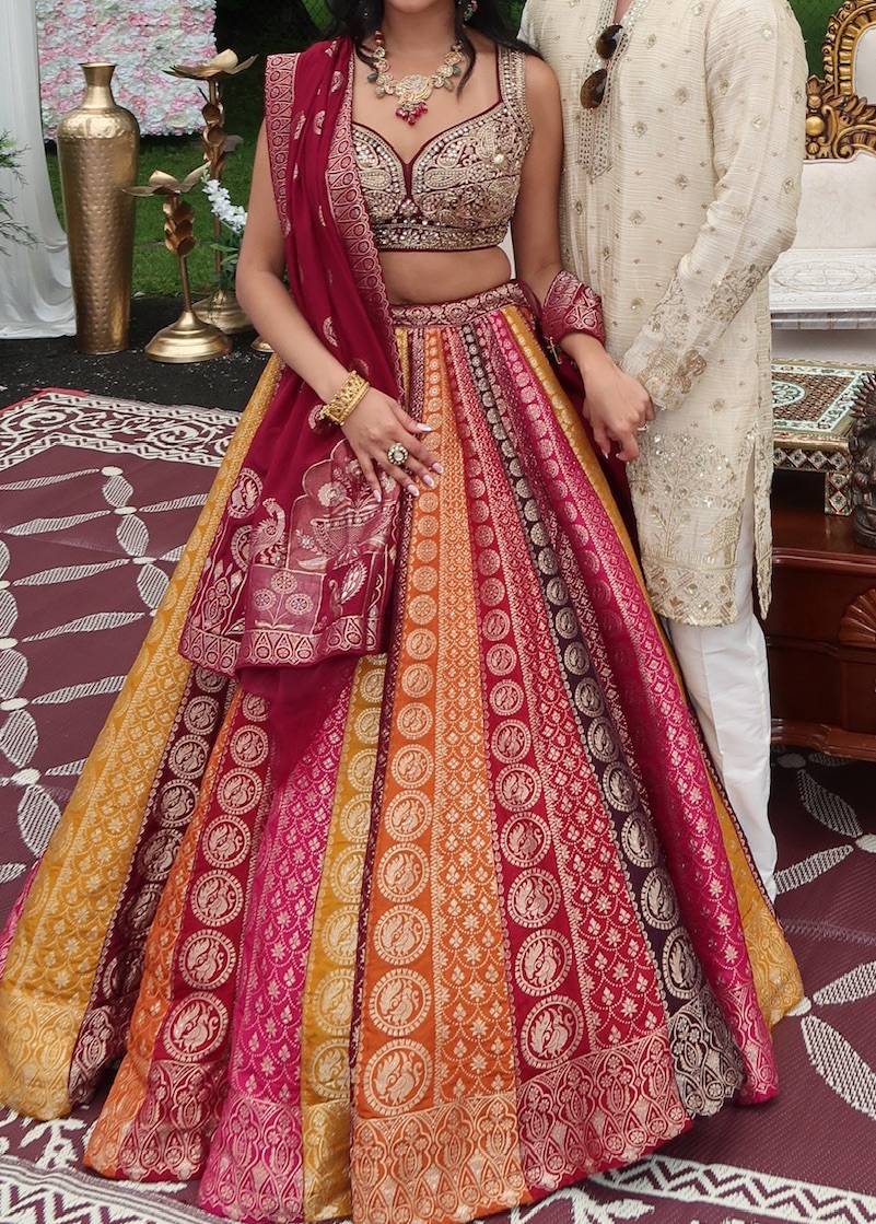 Multicolor Pink & Orange Embroidered Lehenga Image - 0