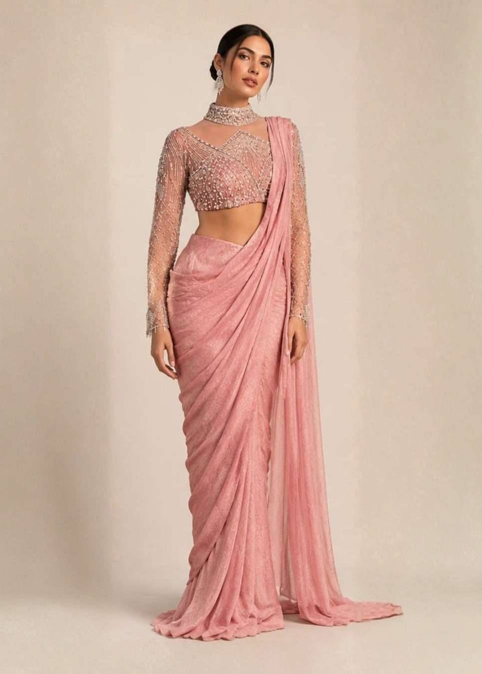 Rose Pink Shimmer Pre-Draped Sari Image - 0