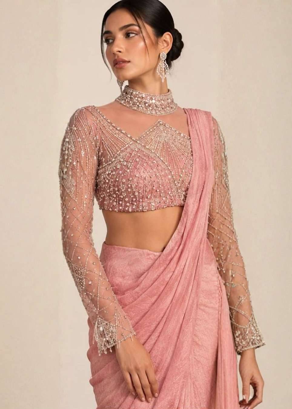 Rose Pink Shimmer Pre-Draped Sari Image - 2