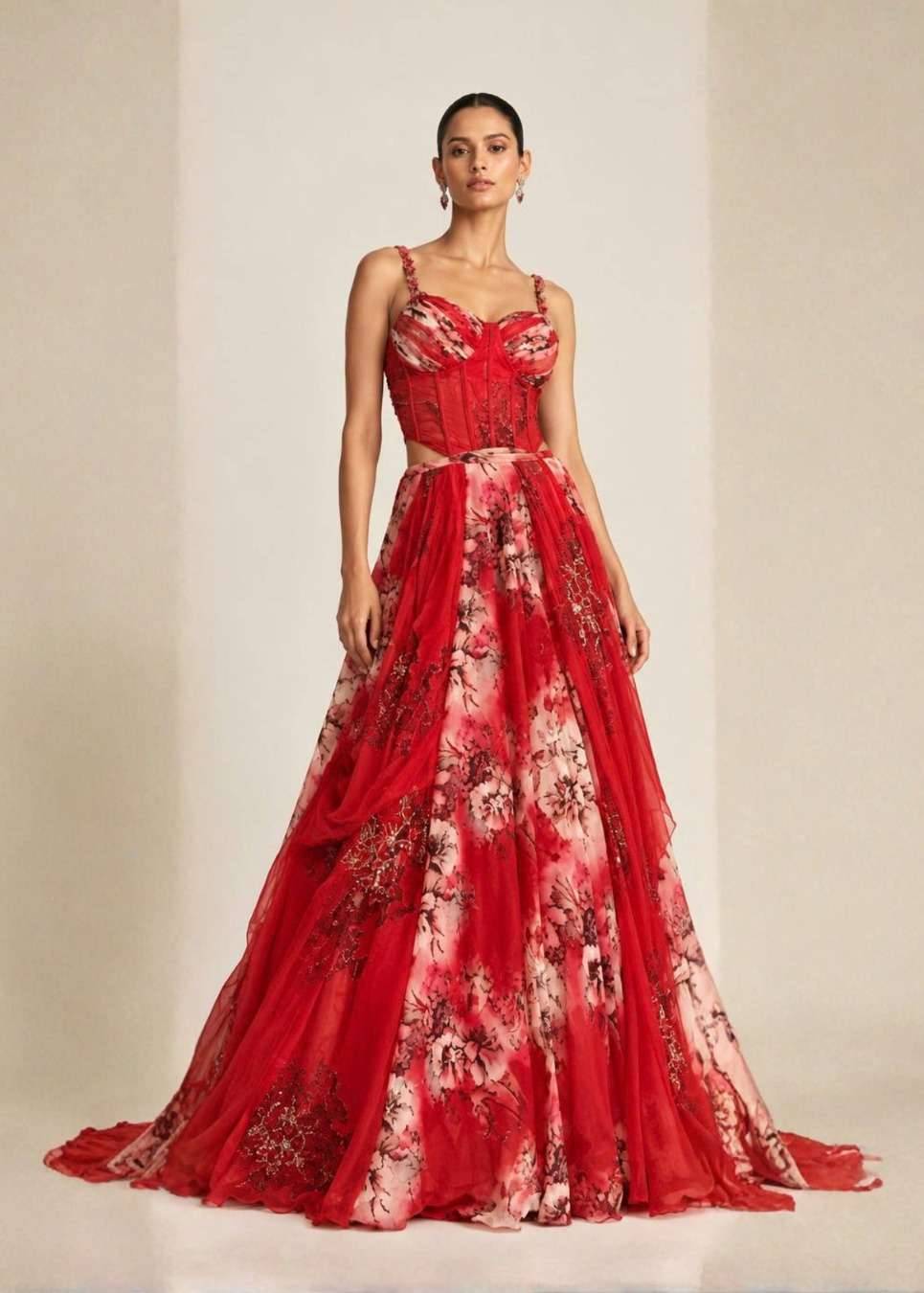 Red Floral Corset Lehenga Set Image - 0