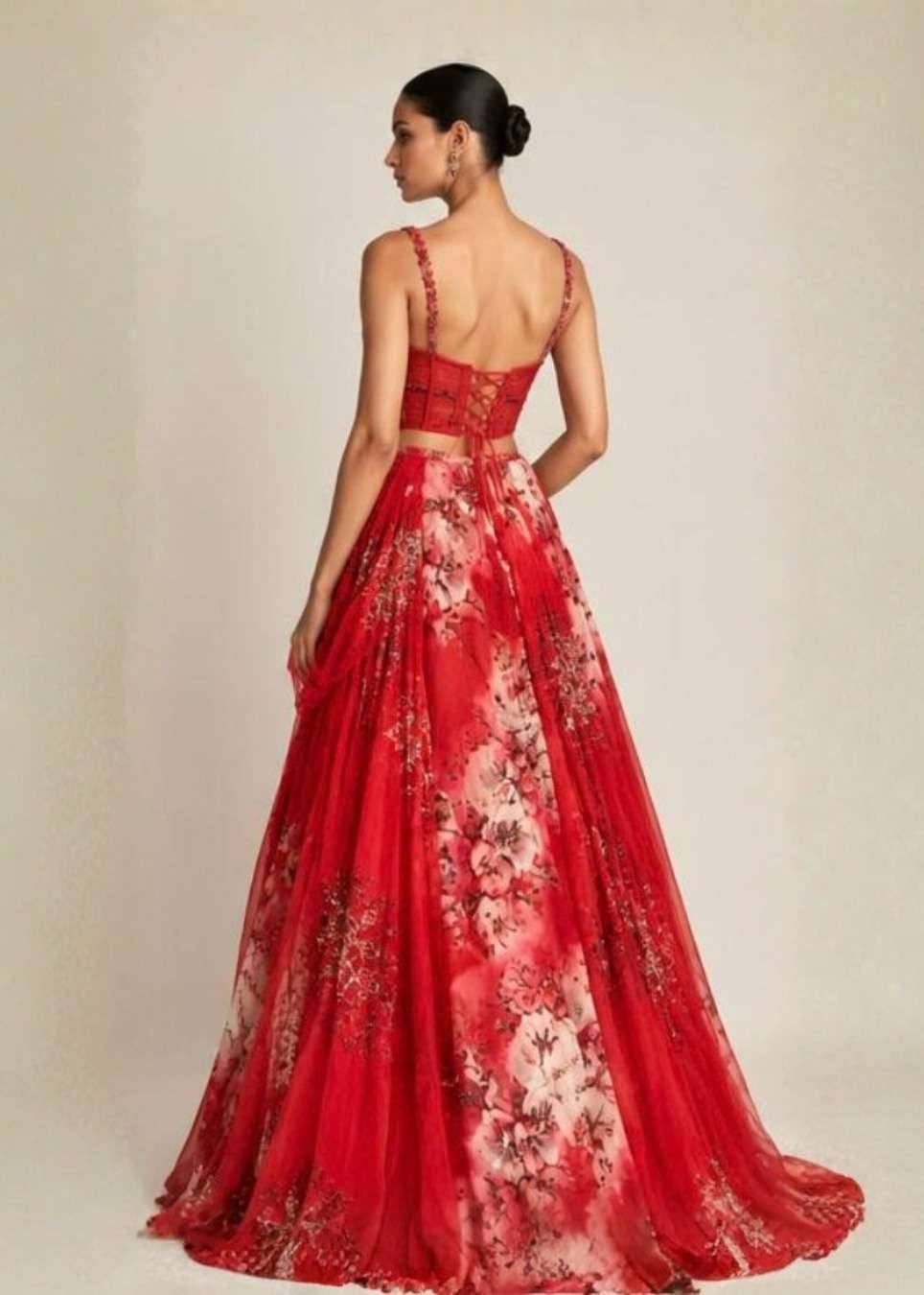 Red Floral Corset Lehenga Set Image - 2