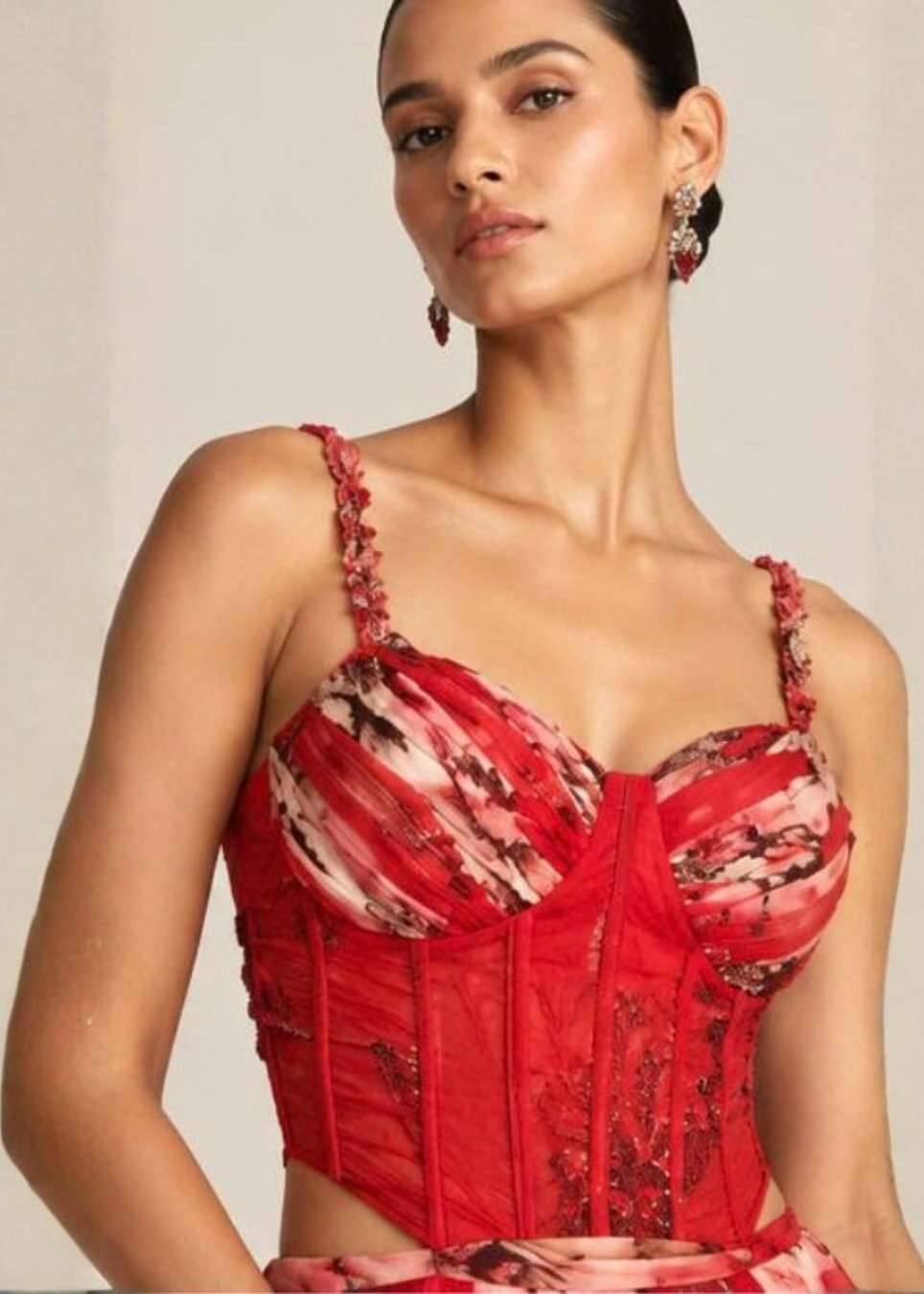 Red Floral Corset Lehenga Set Image - 3