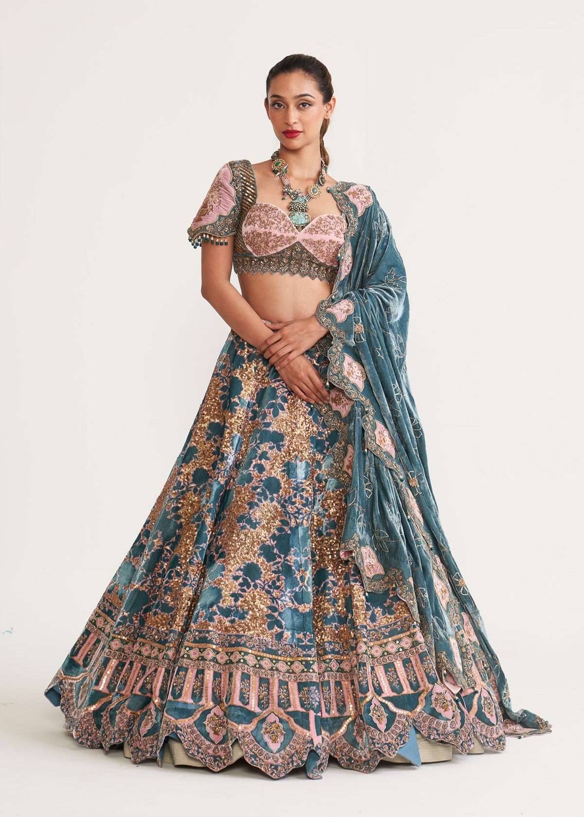 Teal and Blush Pink Velvet Lehenga Image - 0