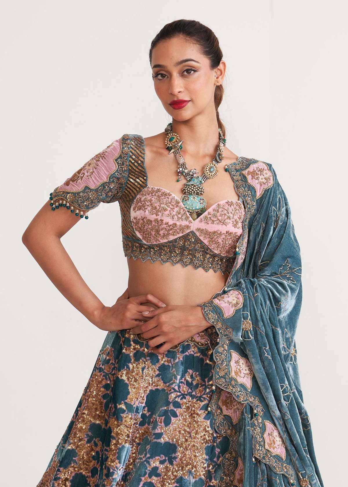 Teal and Blush Pink Velvet Lehenga Image - 2