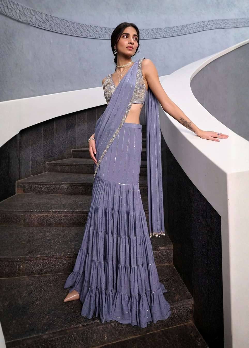 Dark Lavender Gray Pre-Draped Sari Image - 0