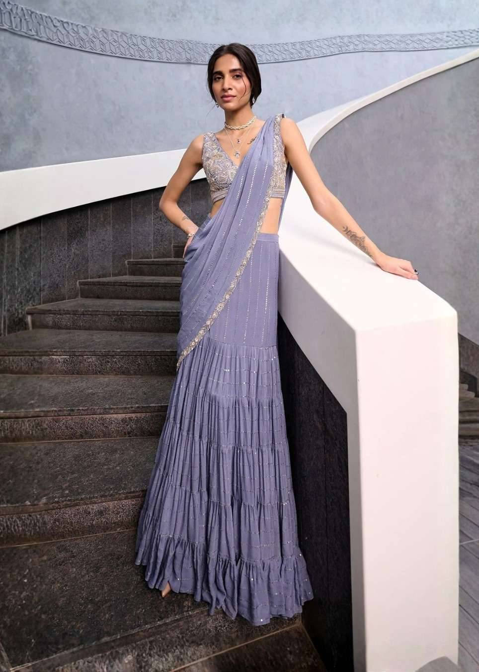 Dark Lavender Gray Pre-Draped Sari Image - 2