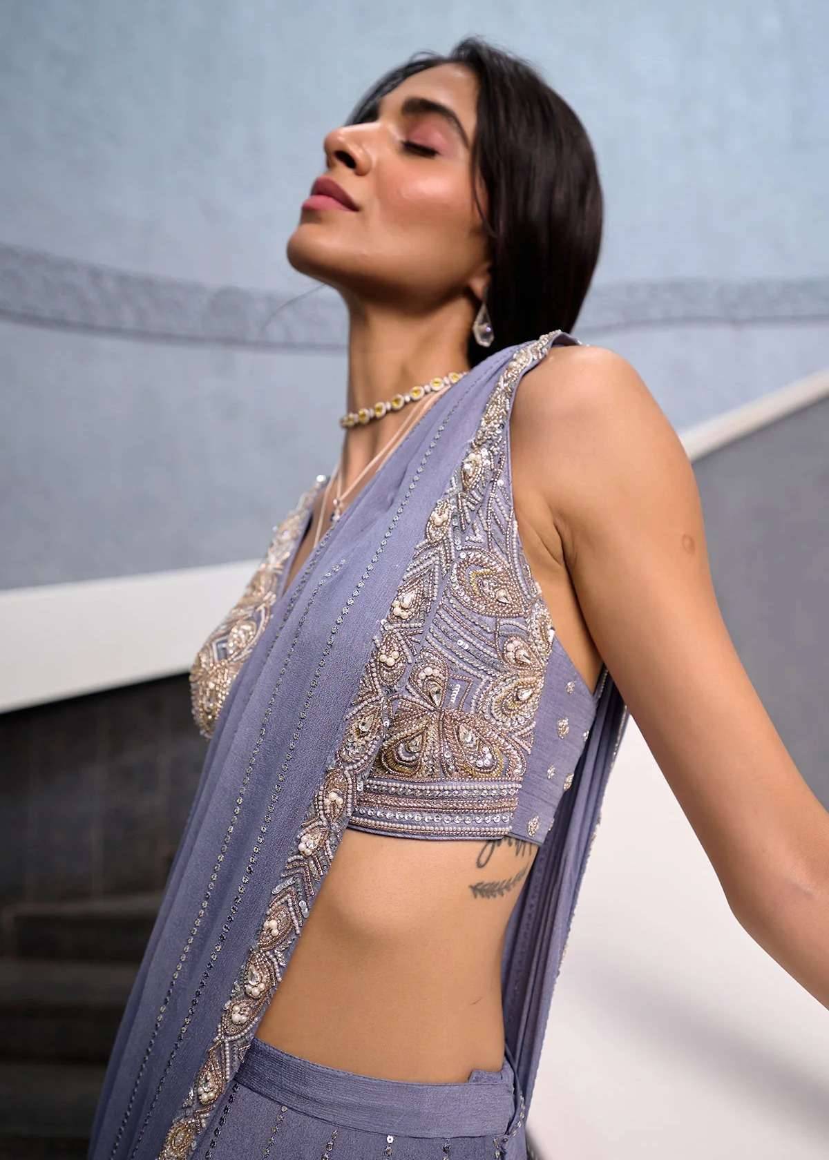 Dark Lavender Gray Pre-Draped Sari Image - 4