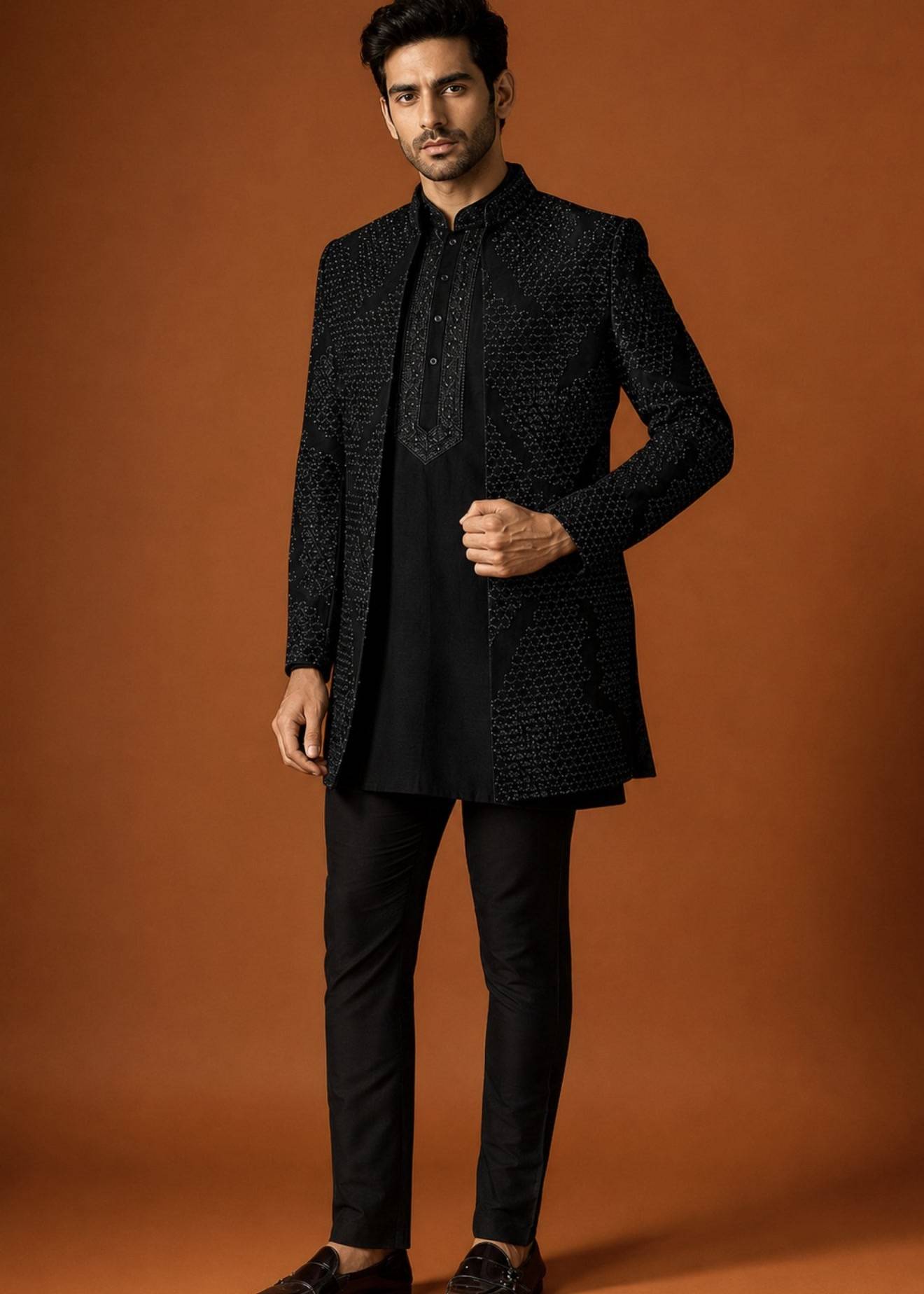Sammohan Black Silk Embroidered Bandhgala Set Image - 0