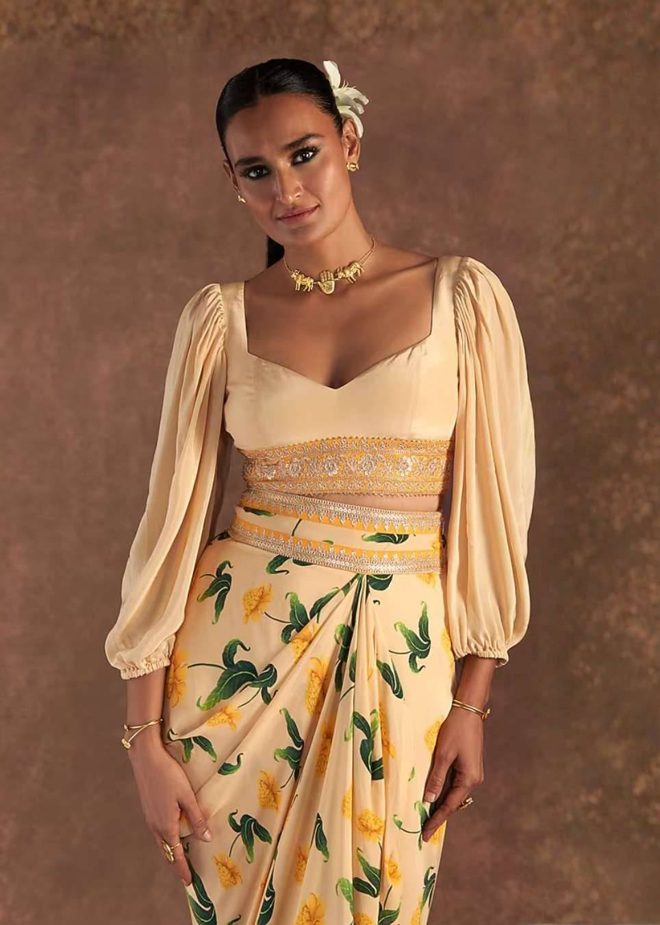 Vanilla Crepe Silk Draped Skirt Set Image - 2