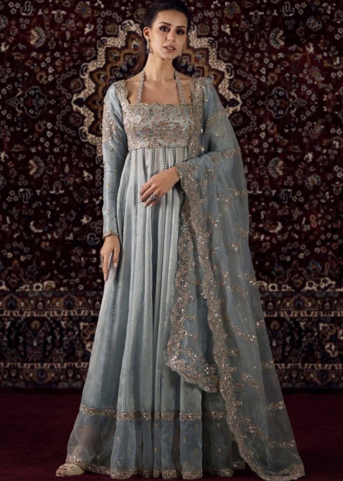 Ice Blue Embellished Anarkali Set Image - 0