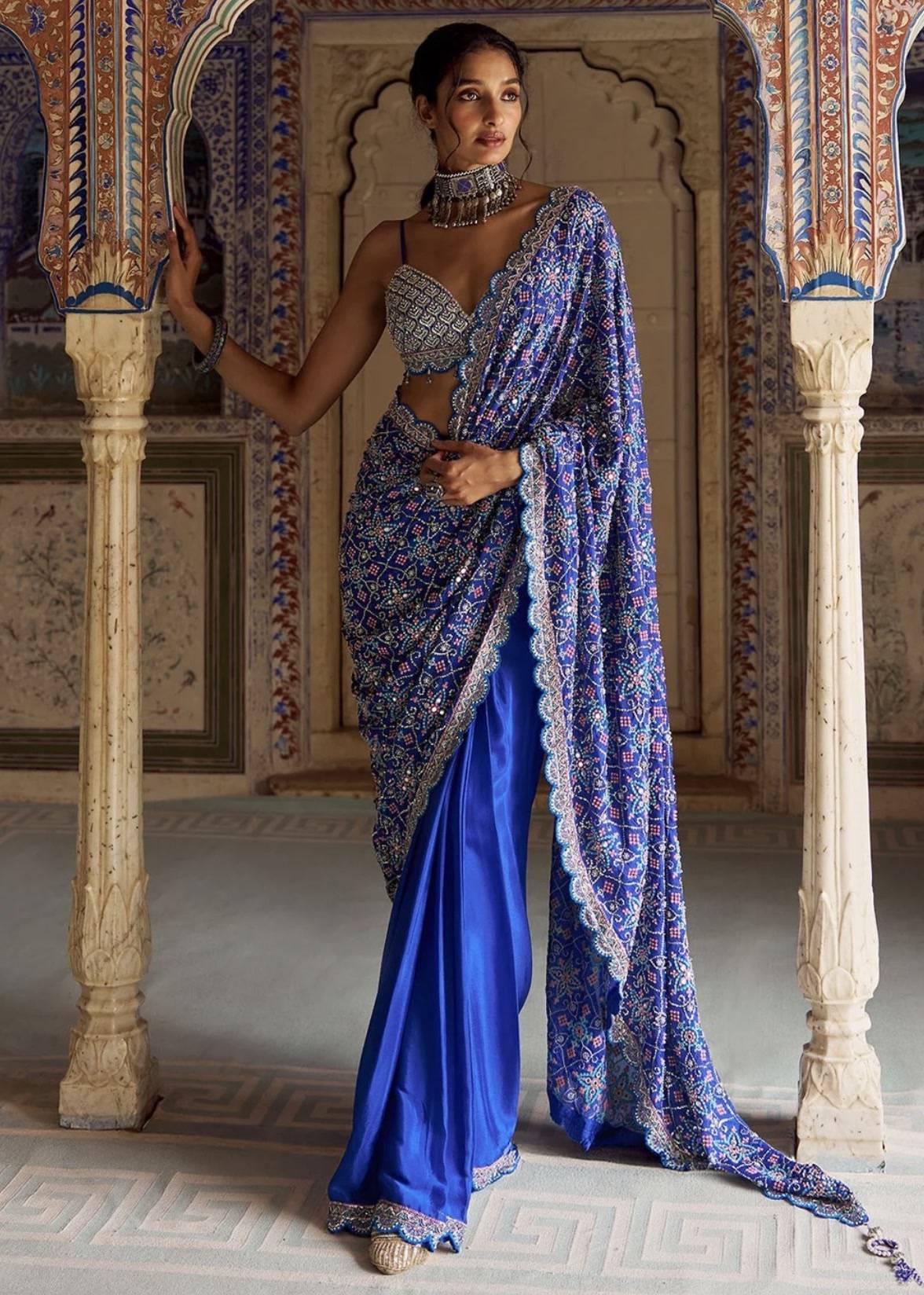 Royal Blue Pre-Draped Sari Image - 1