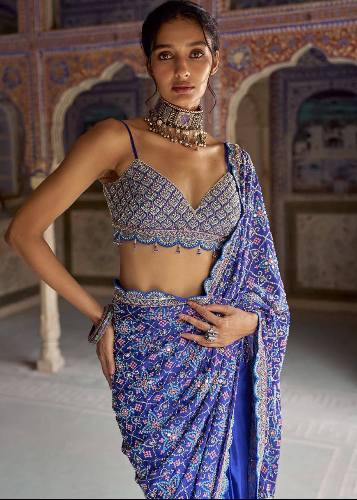 Royal Blue Pre-Draped Sari Image - 2