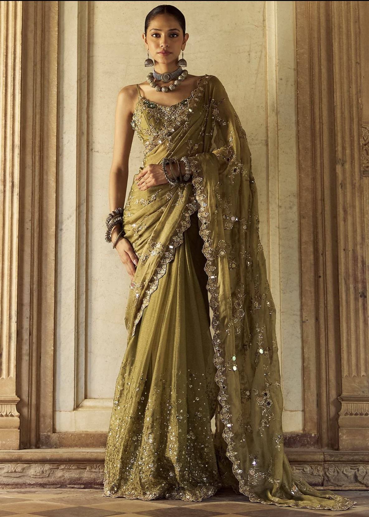 Moss Green Tissue Pre-Draped Sari Image - 0