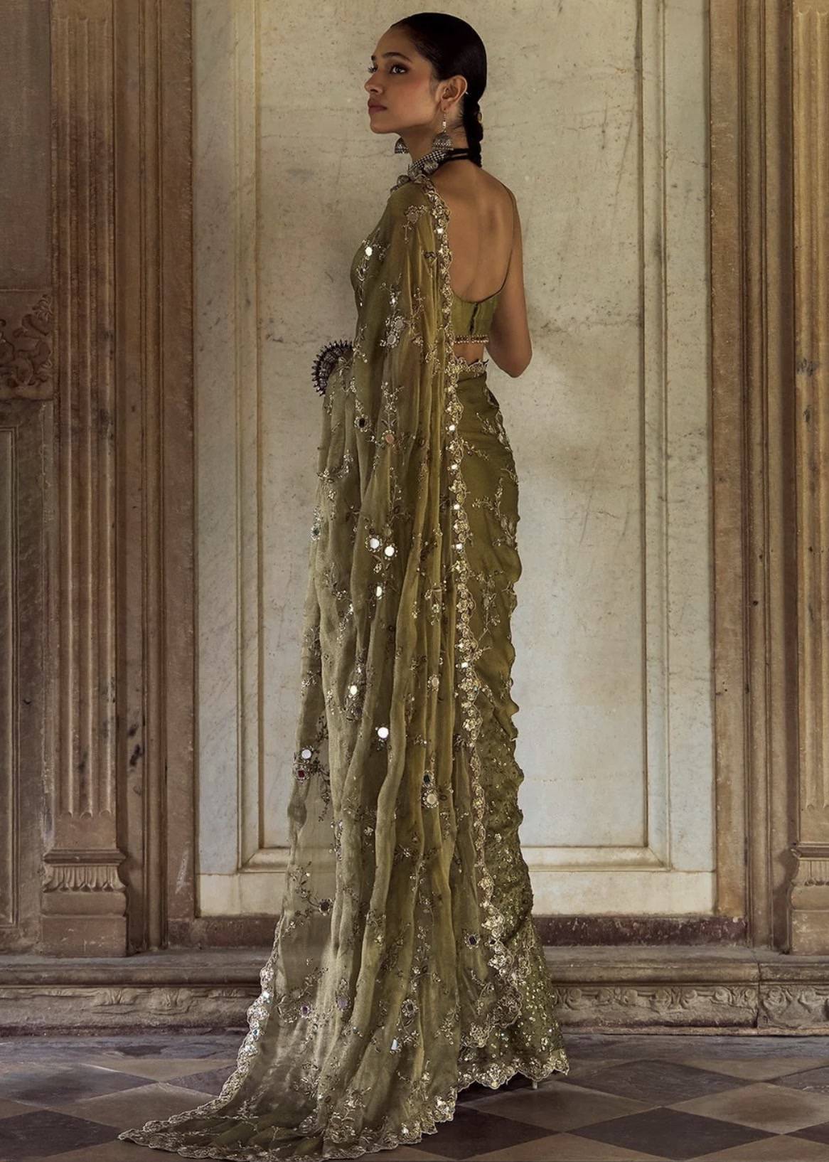 Moss Green Tissue Pre-Draped Sari Image - 2