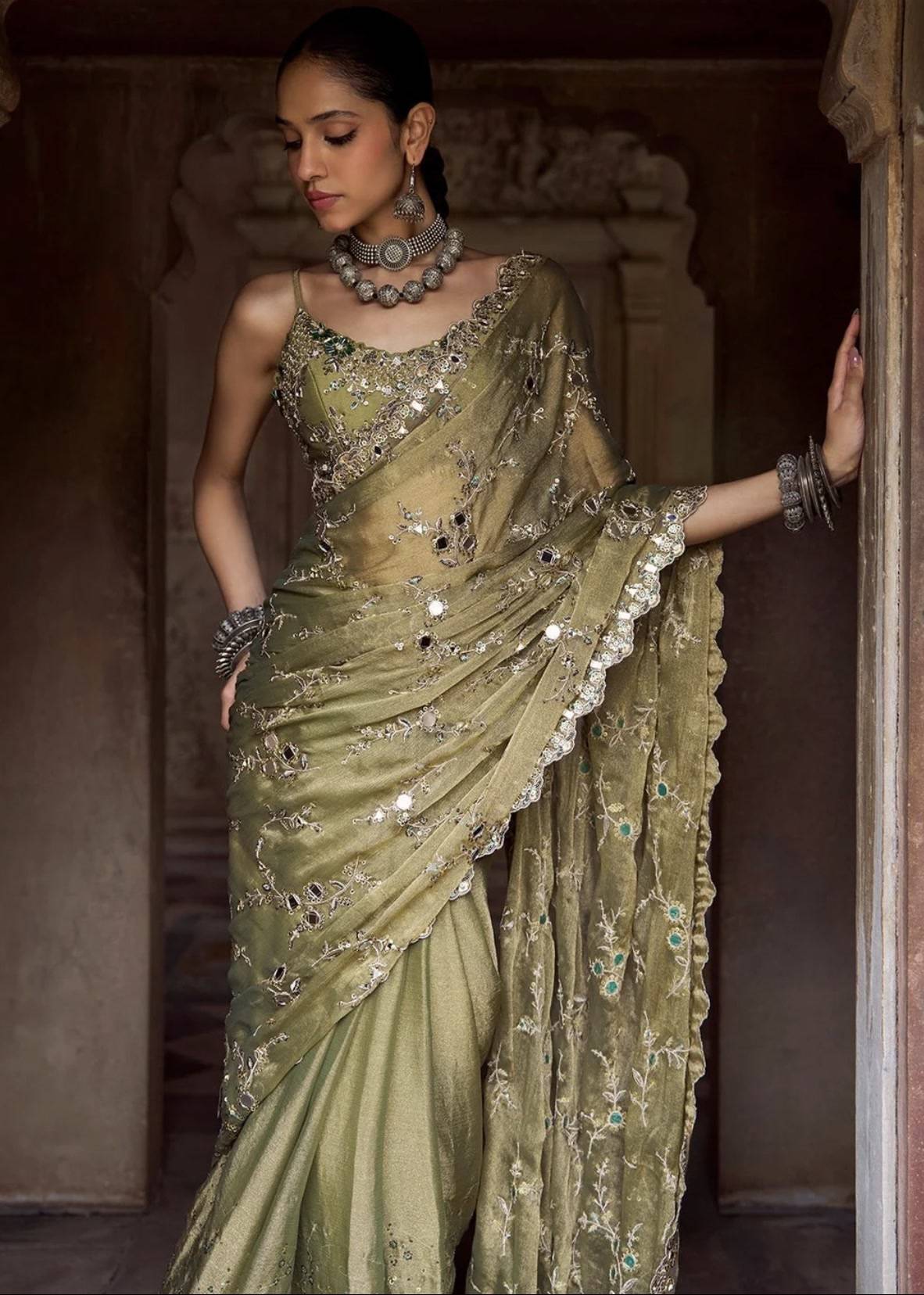 Moss Green Tissue Pre-Draped Sari Image - 1