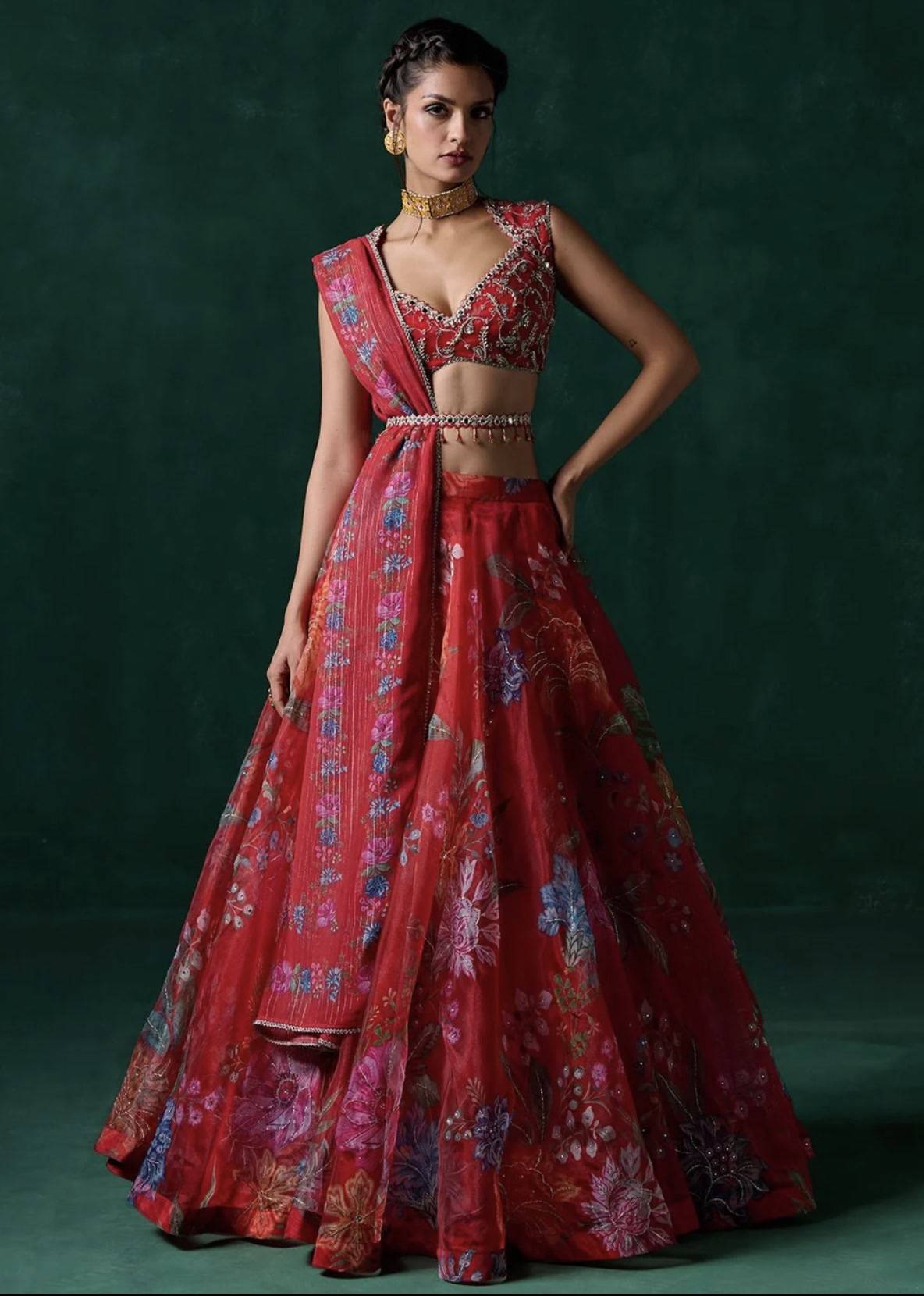 Red Multicolor Floral Printed Lehenga Image - 0