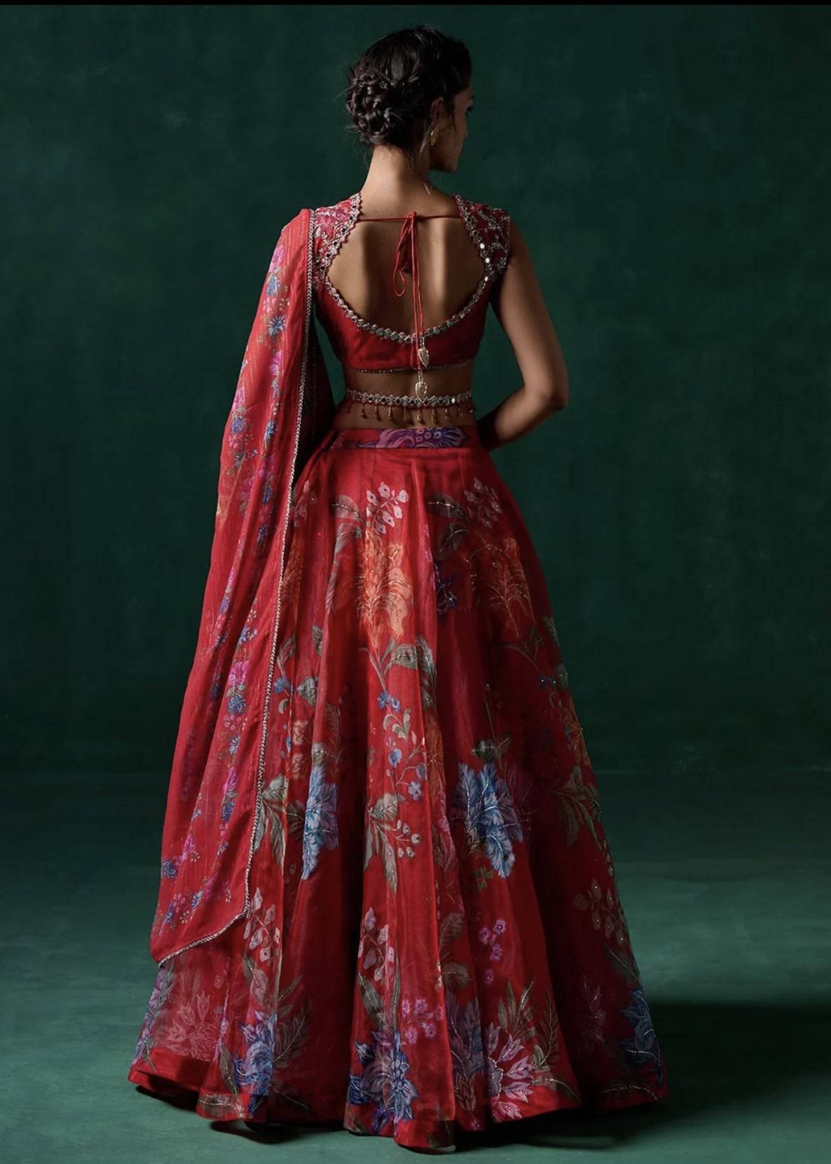 Red Multicolor Floral Printed Lehenga Image - 2