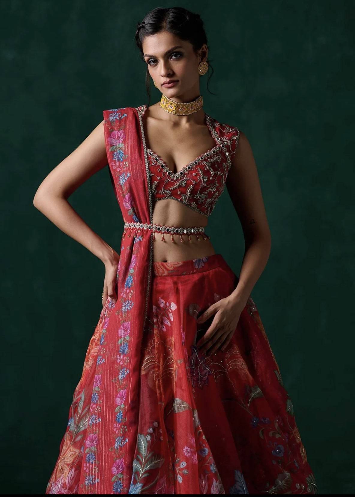 Red Multicolor Floral Printed Lehenga Image - 1
