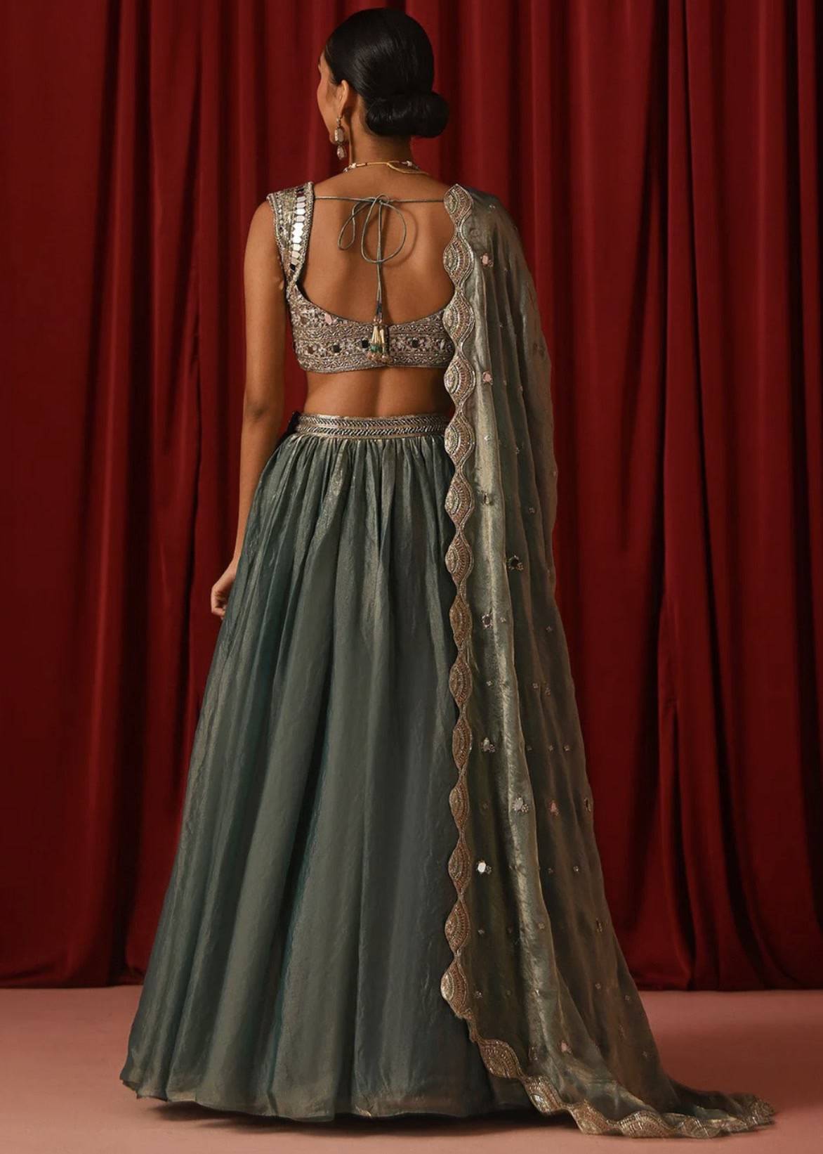 Teal Green Embroidered Satin Lehenga Image - 2