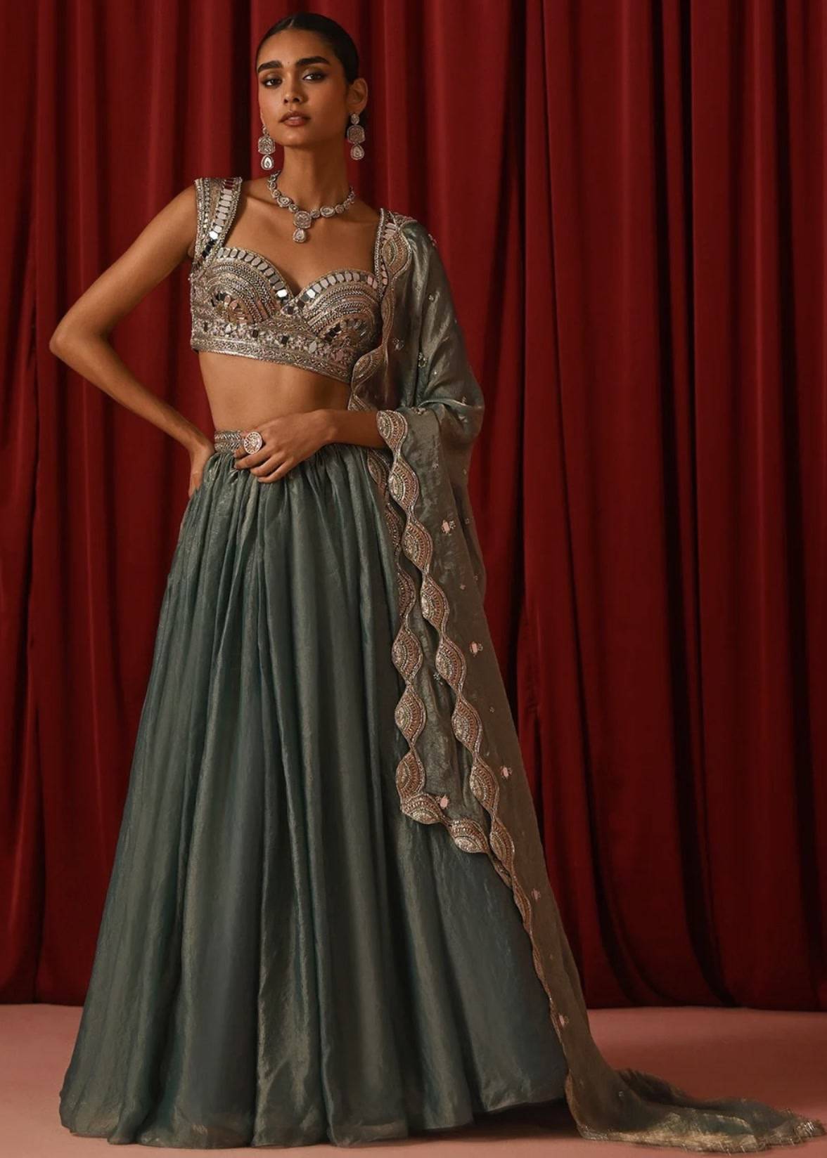 Teal Green Embroidered Satin Lehenga Image - 0