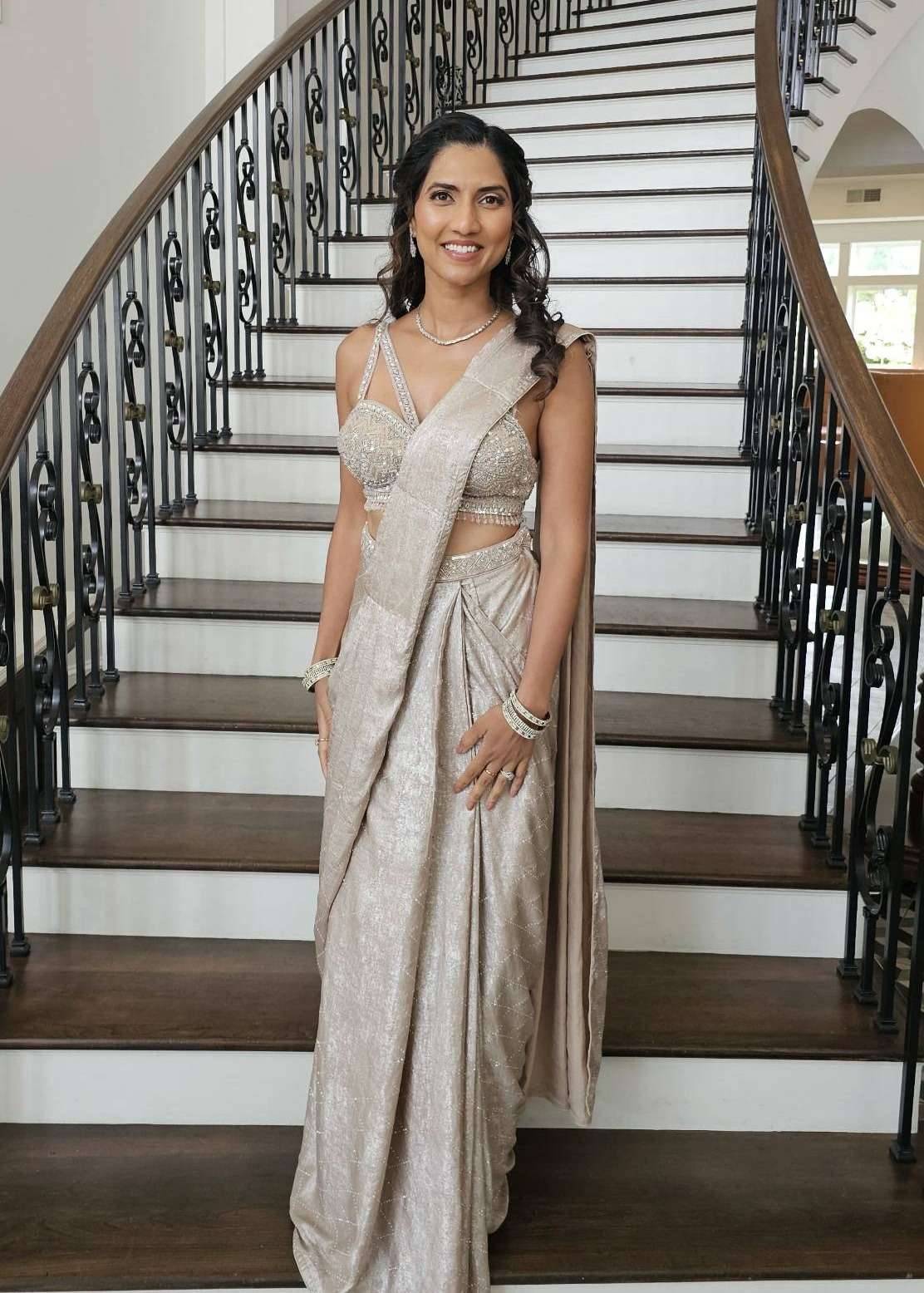 Champagne Gold Draped Sari Image - 0
