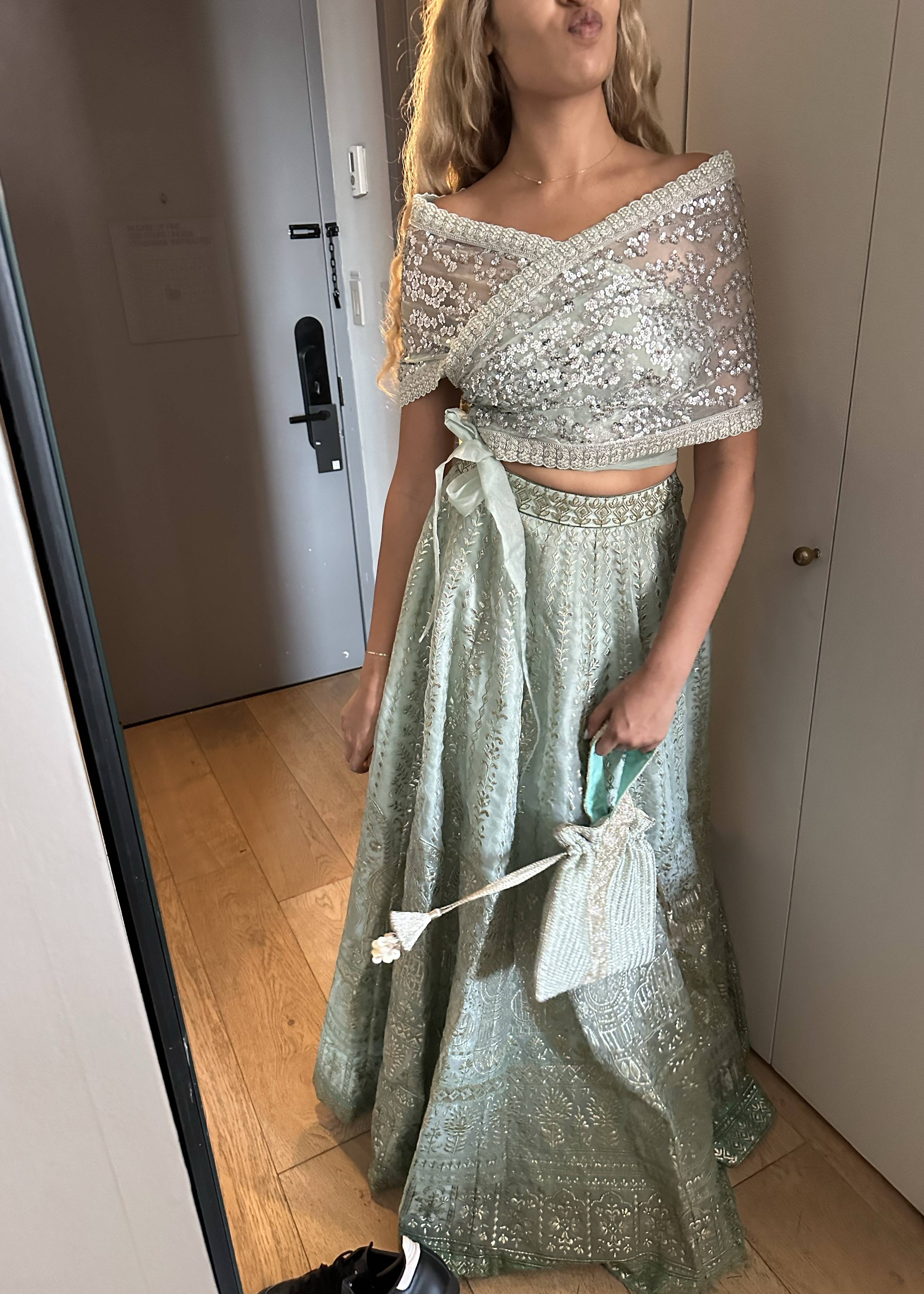 Sage Green Sequin Lehenga Set Image - 0