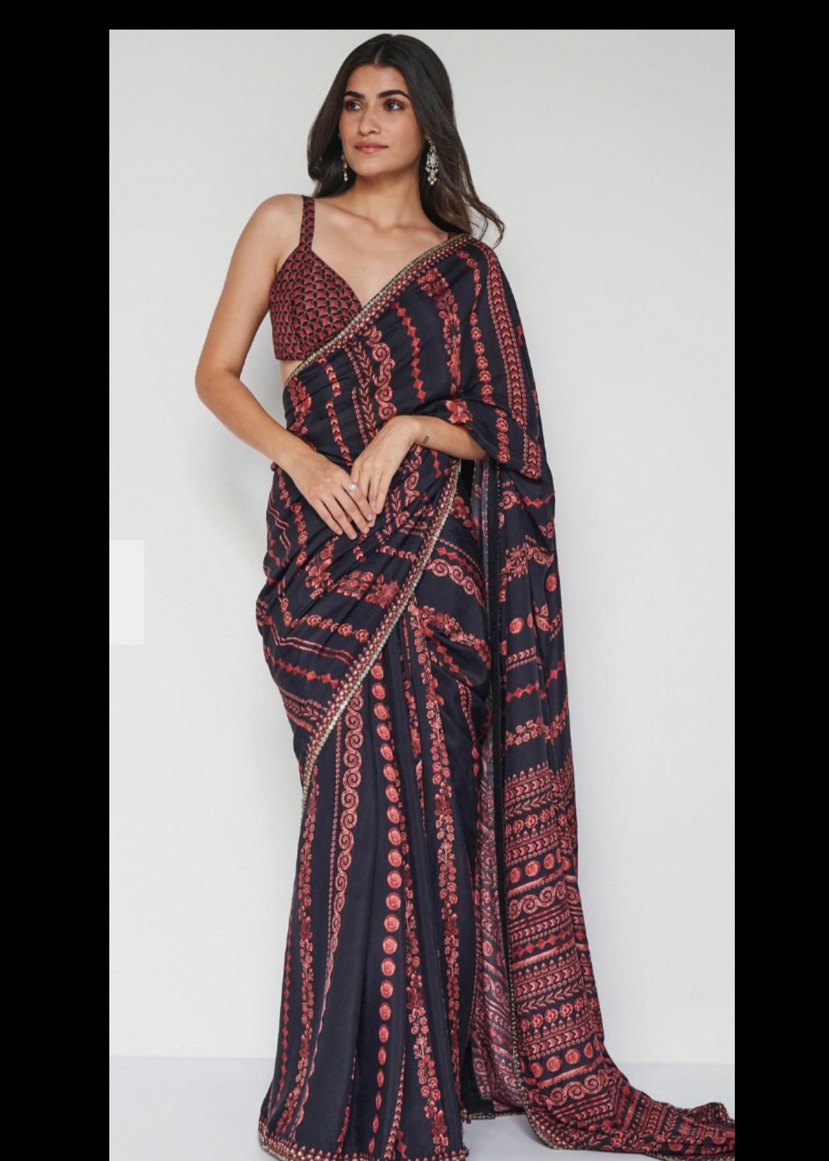 Navy Floral Pre-Draped Sari Image - 0