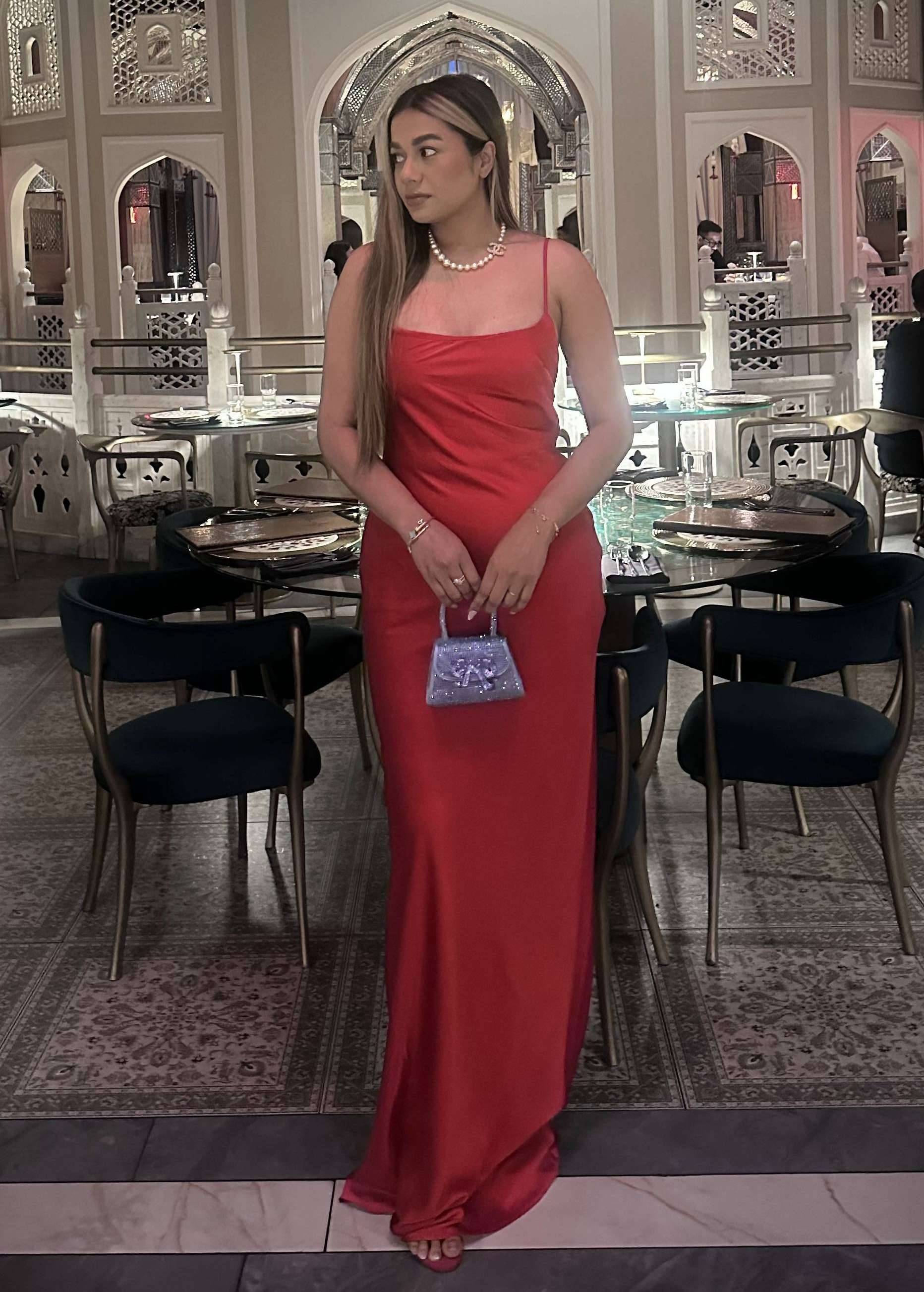 Red Satin Cowl-Neck Gown Image - 0