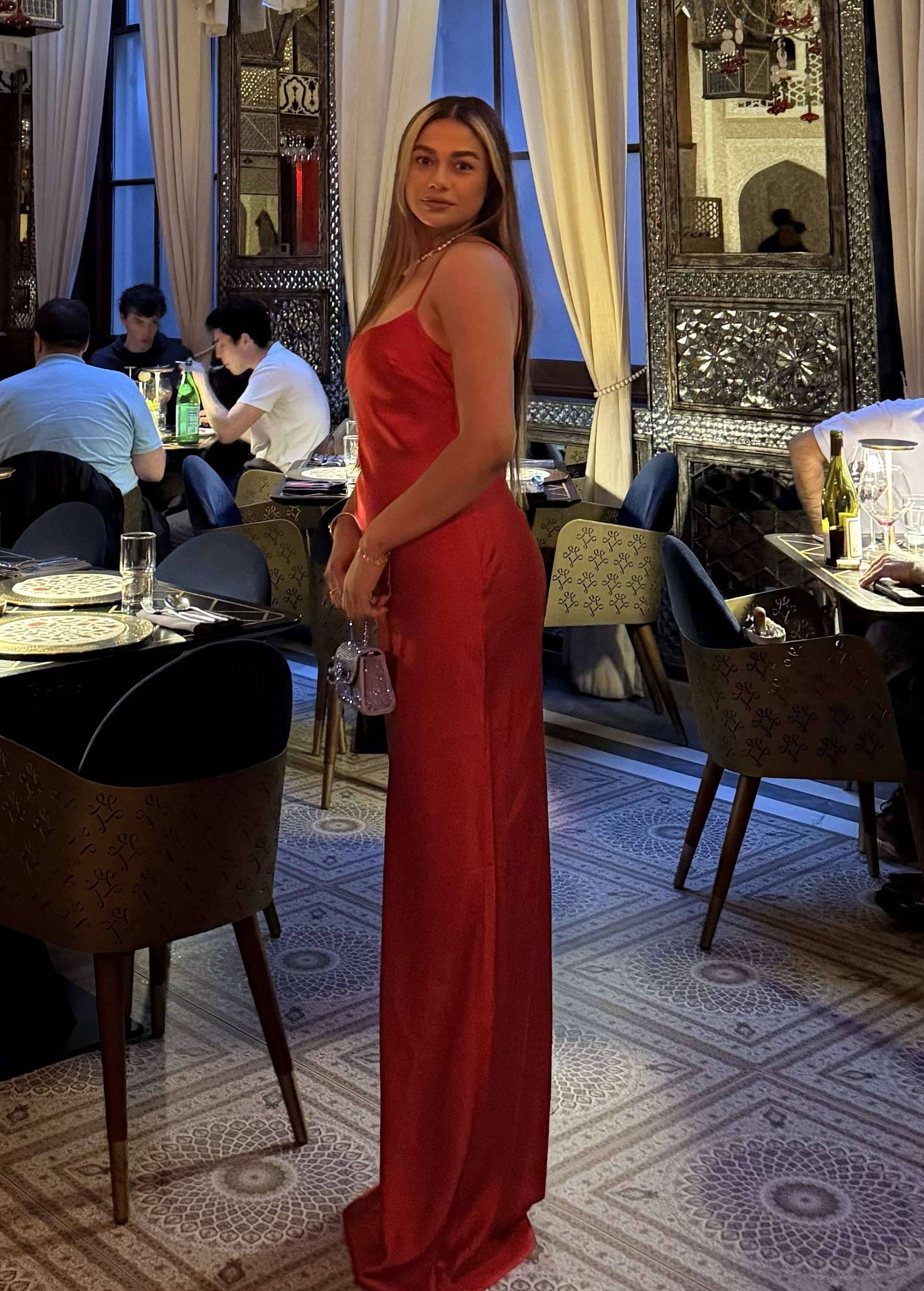 Red Satin Cowl-Neck Gown Image - 1