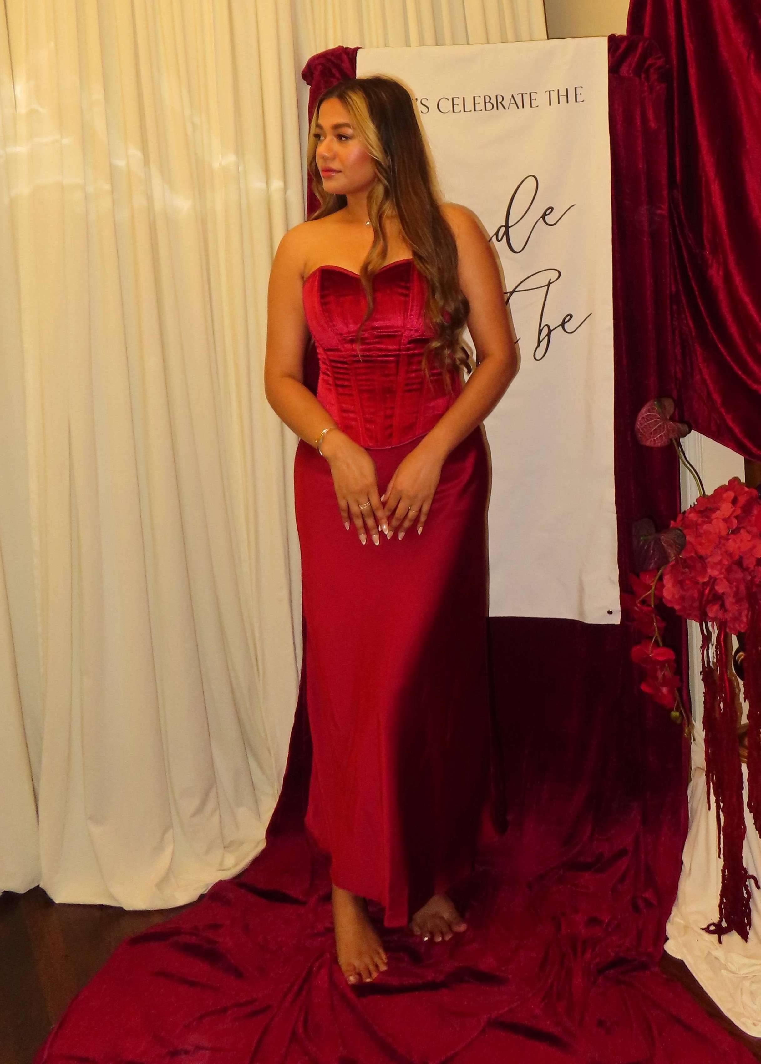 Red Satin Corset and Skirt Set Image - 1