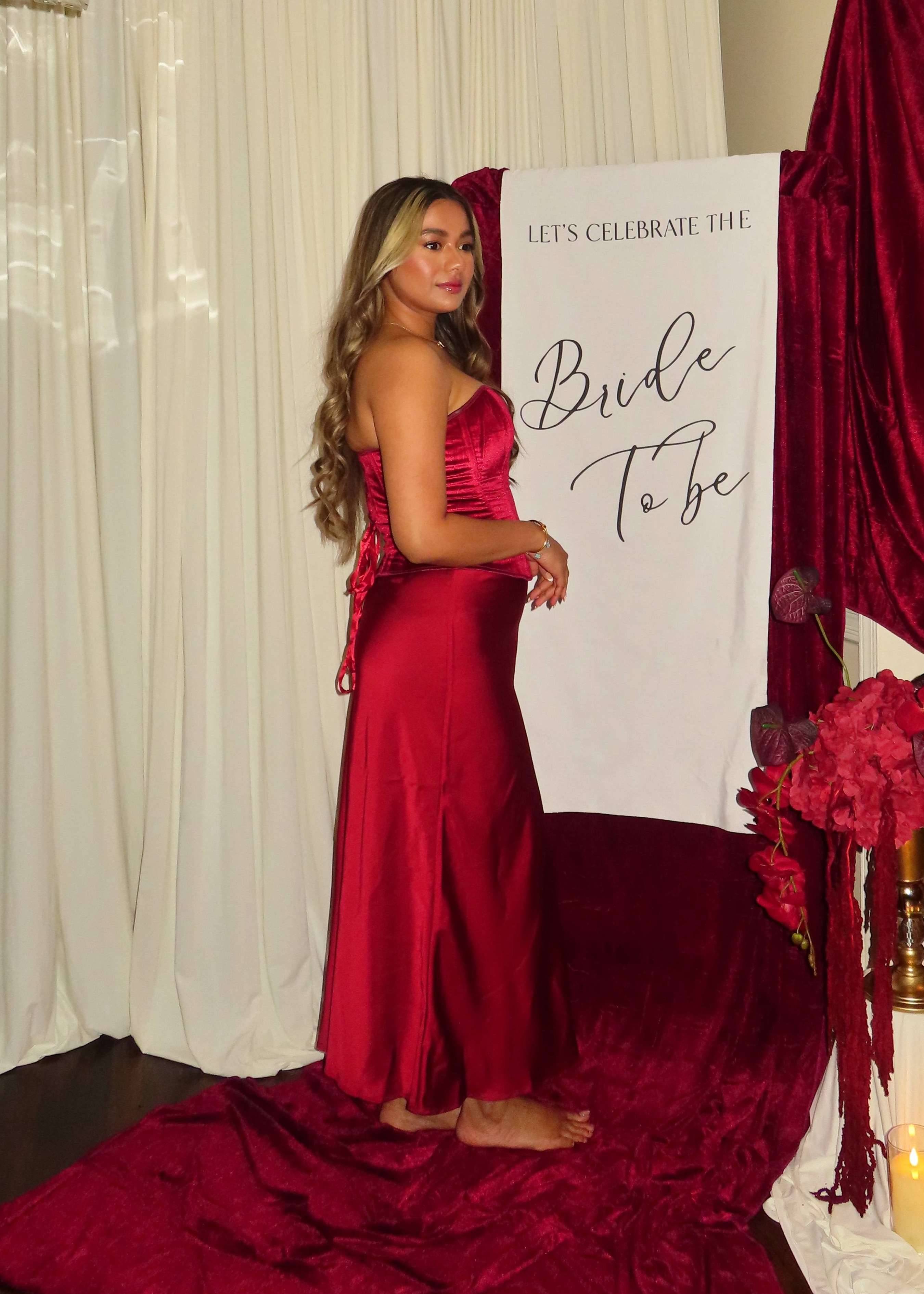 Red Satin Corset and Skirt Set Image - 2