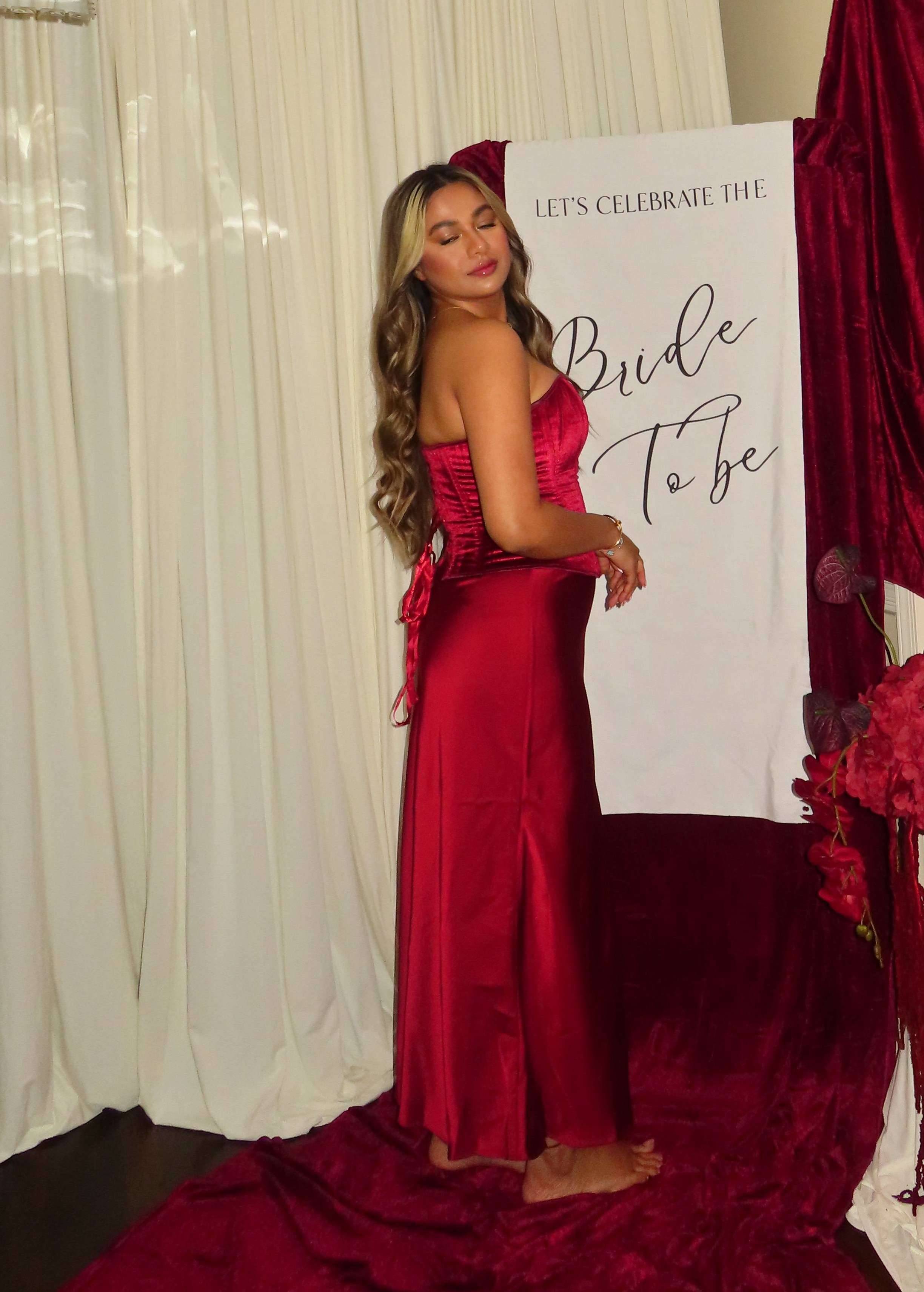 Red Satin Corset and Skirt Set Image - 3