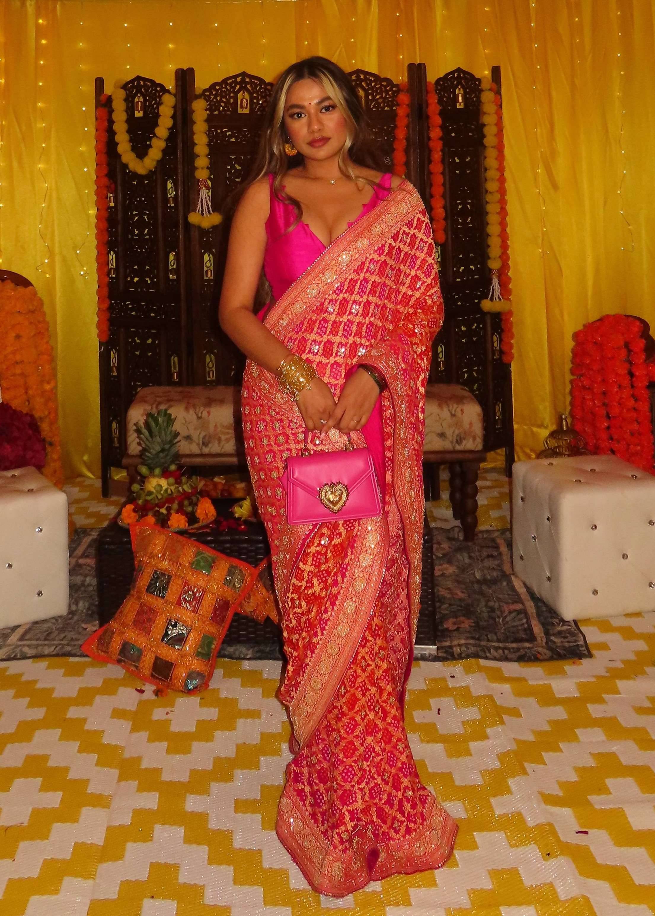 Pink Bandhani Zari Sari Image - 0