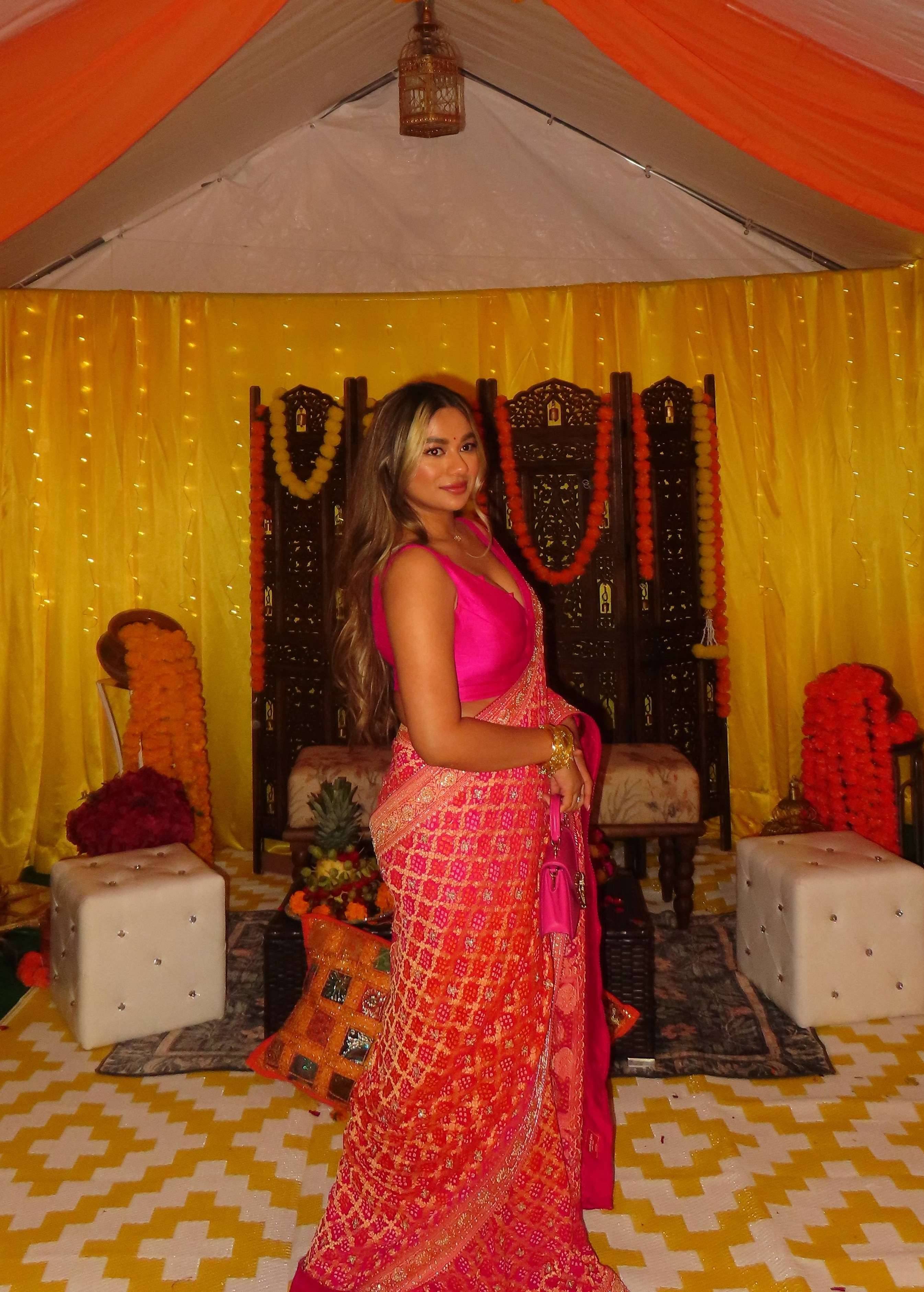 Pink Bandhani Zari Sari Image - 3