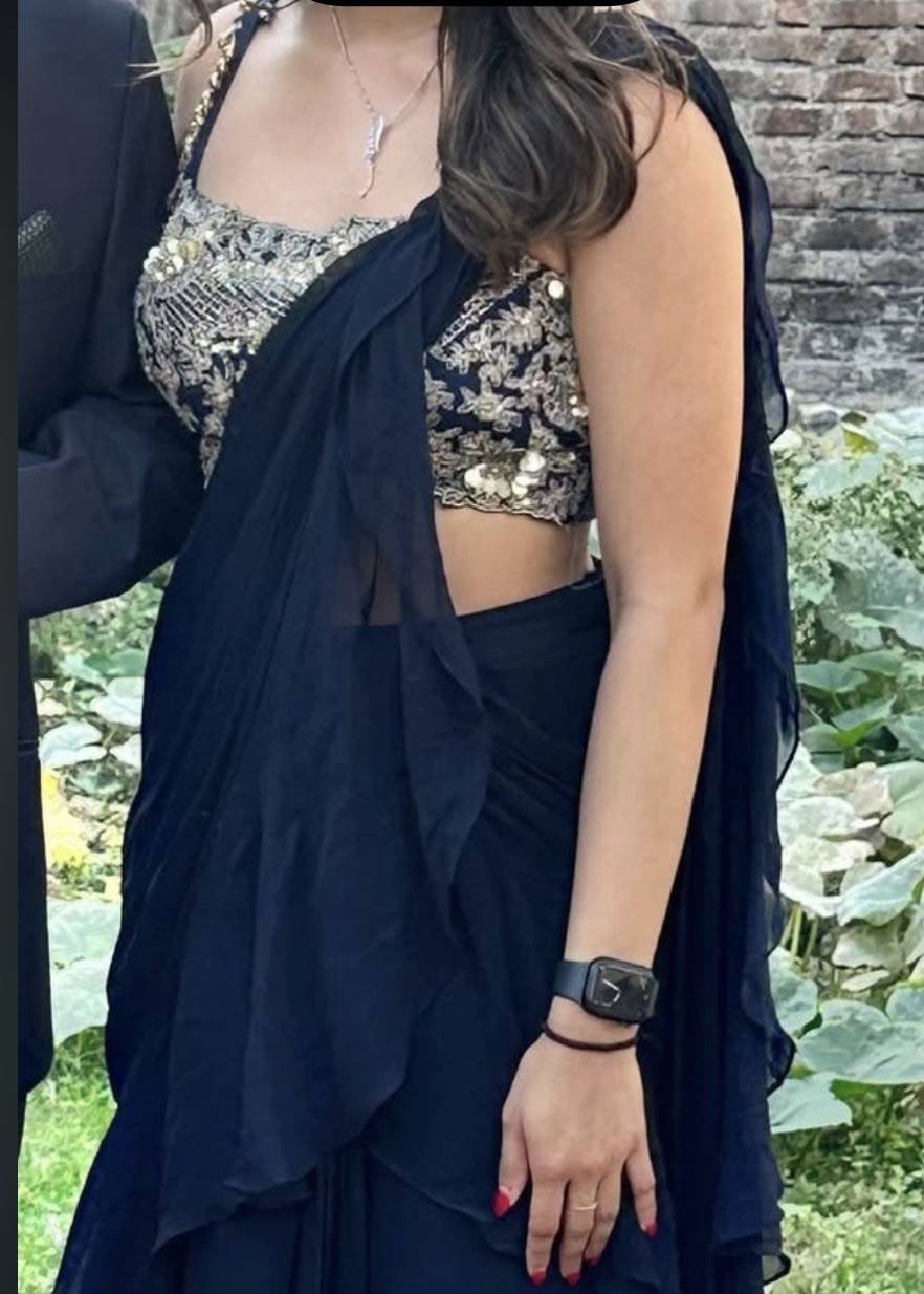 Navy Pre-Draped Ruffle Sari Image - 1