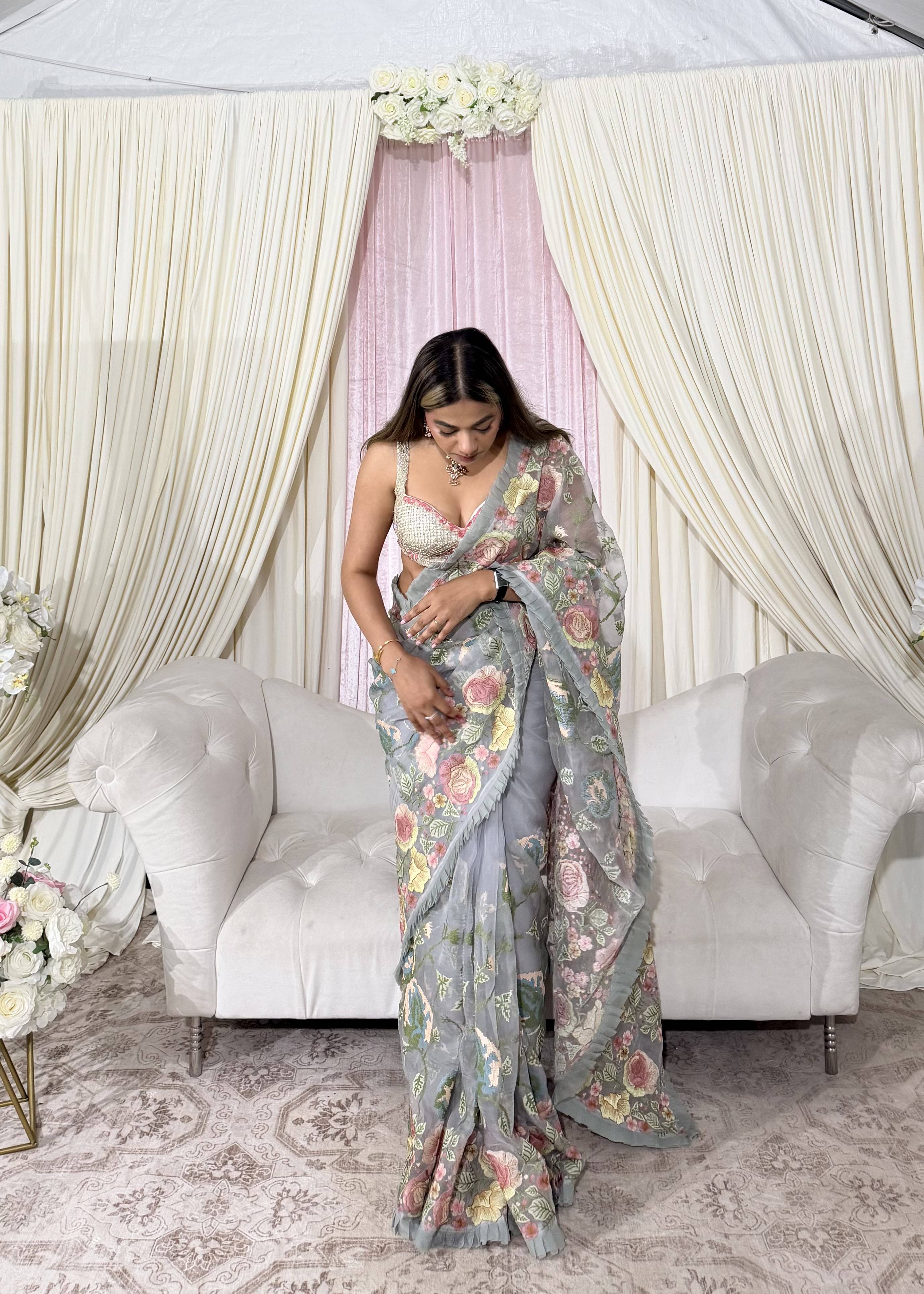 Sage Floral Organza Sari Image - 2