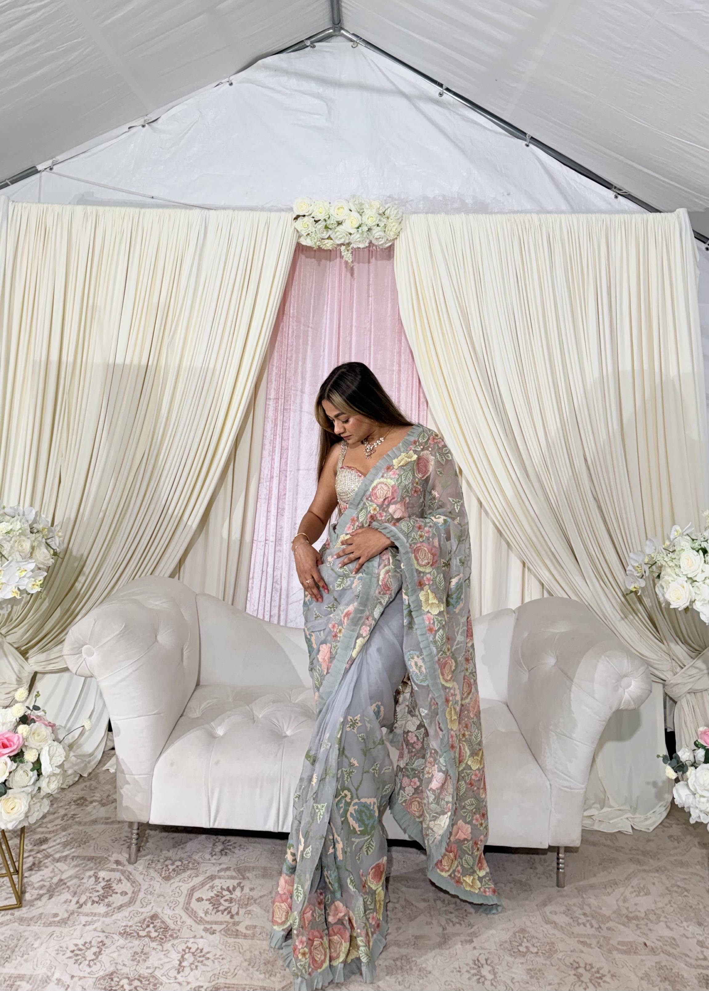 Sage Floral Organza Sari Image - 1