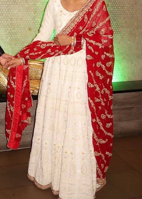 Off White Lakhnavi Anarkali with Maroon Dupatta Image - 1