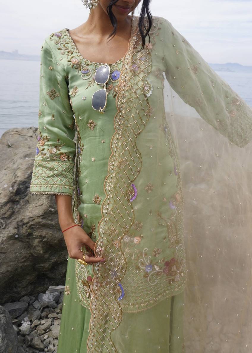 Pistachio Green Embroidered Sharara Set Image - 2
