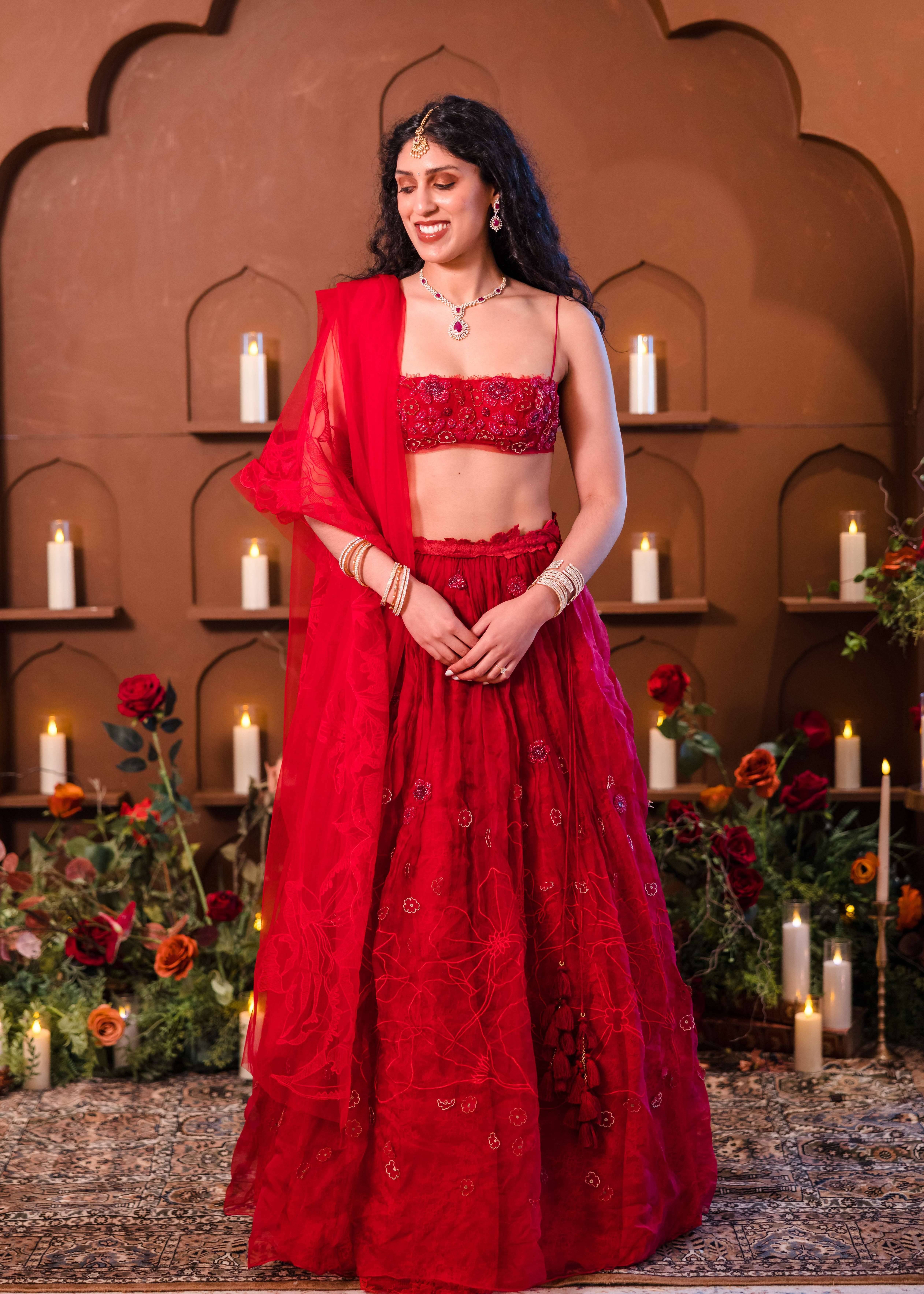 Red Tulle Lace Lehenga Image - 0