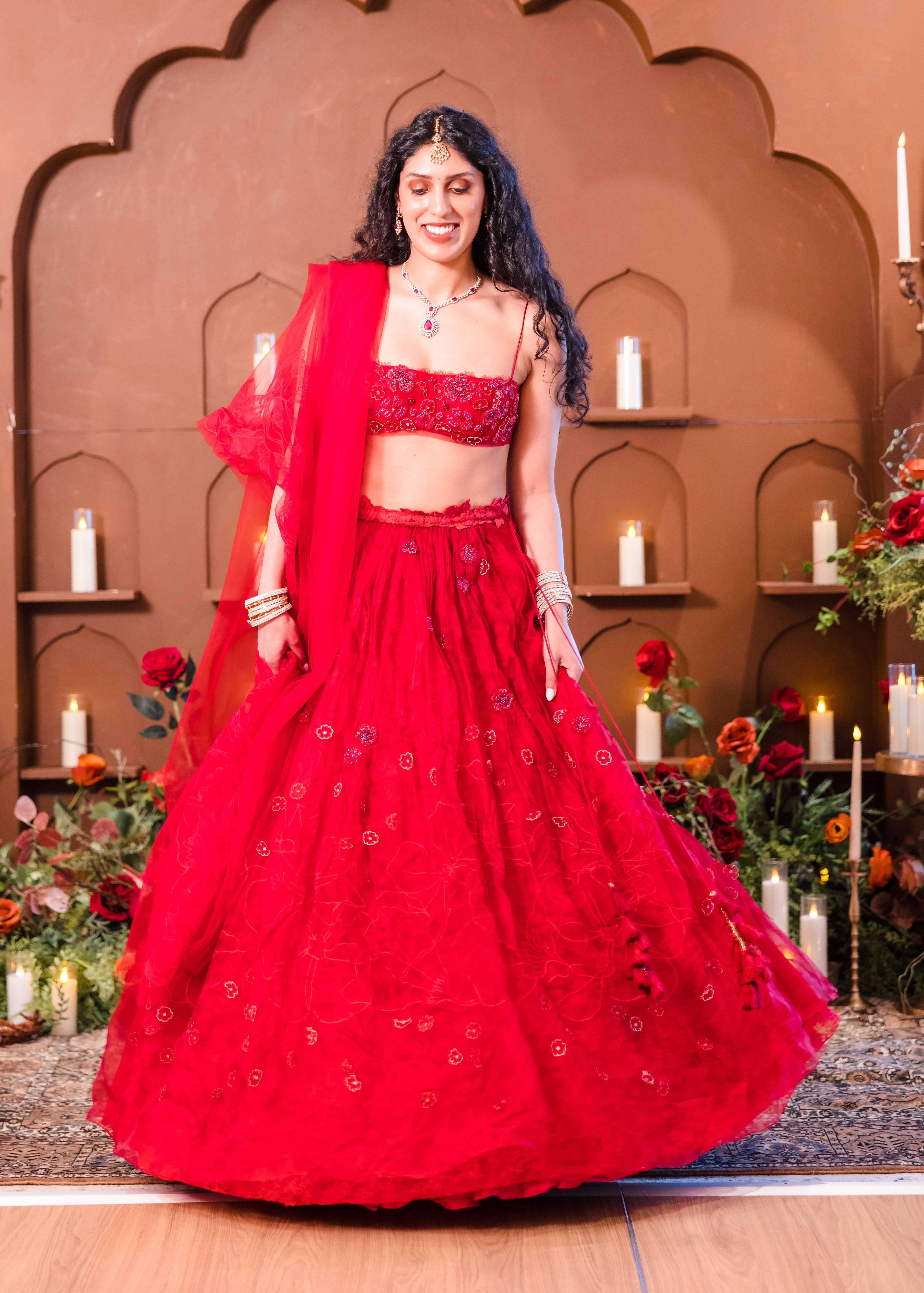 Red Tulle Lace Lehenga Image - 1