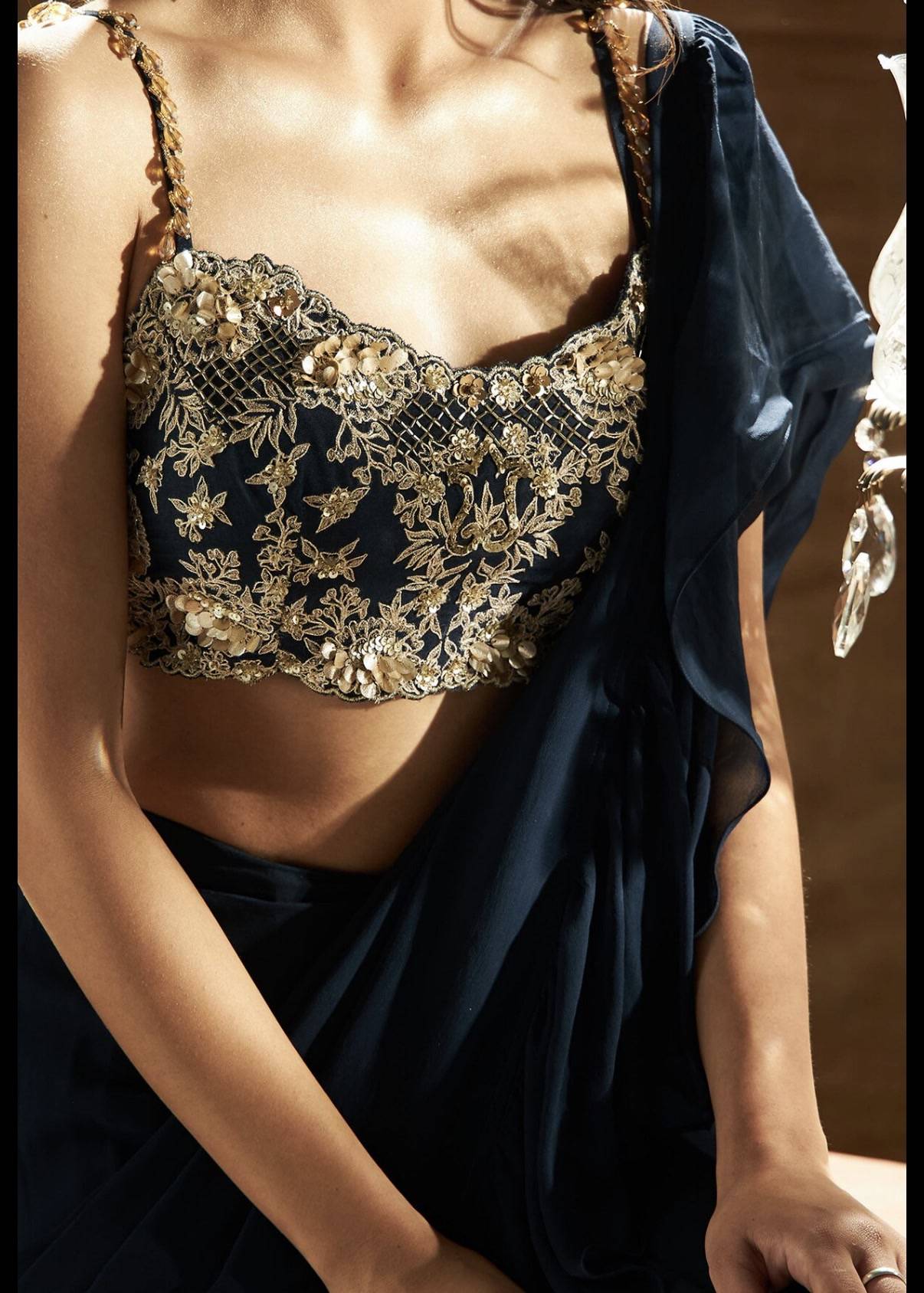 Navy Pre-Draped Ruffle Sari Image - 2